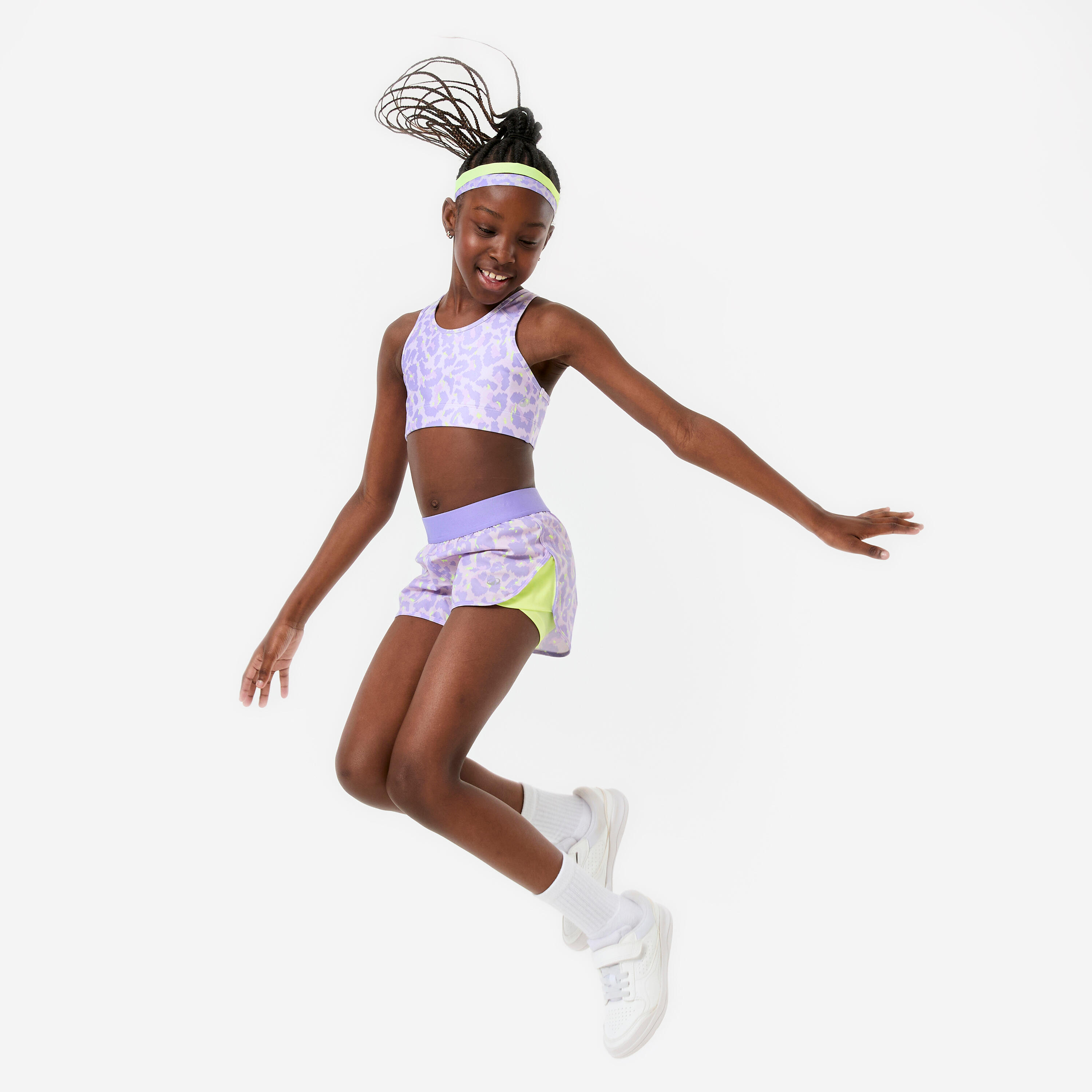 Atmungsaktives Sport-Bustier für Mädchen, Leopardenmuster Hellviolett/Neon-Gelb 2/6