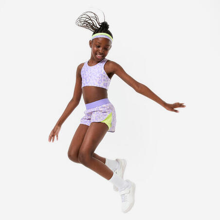 Топ спортивний для дівчат світло-фіолетовий з леопардовим принтом / жовтий