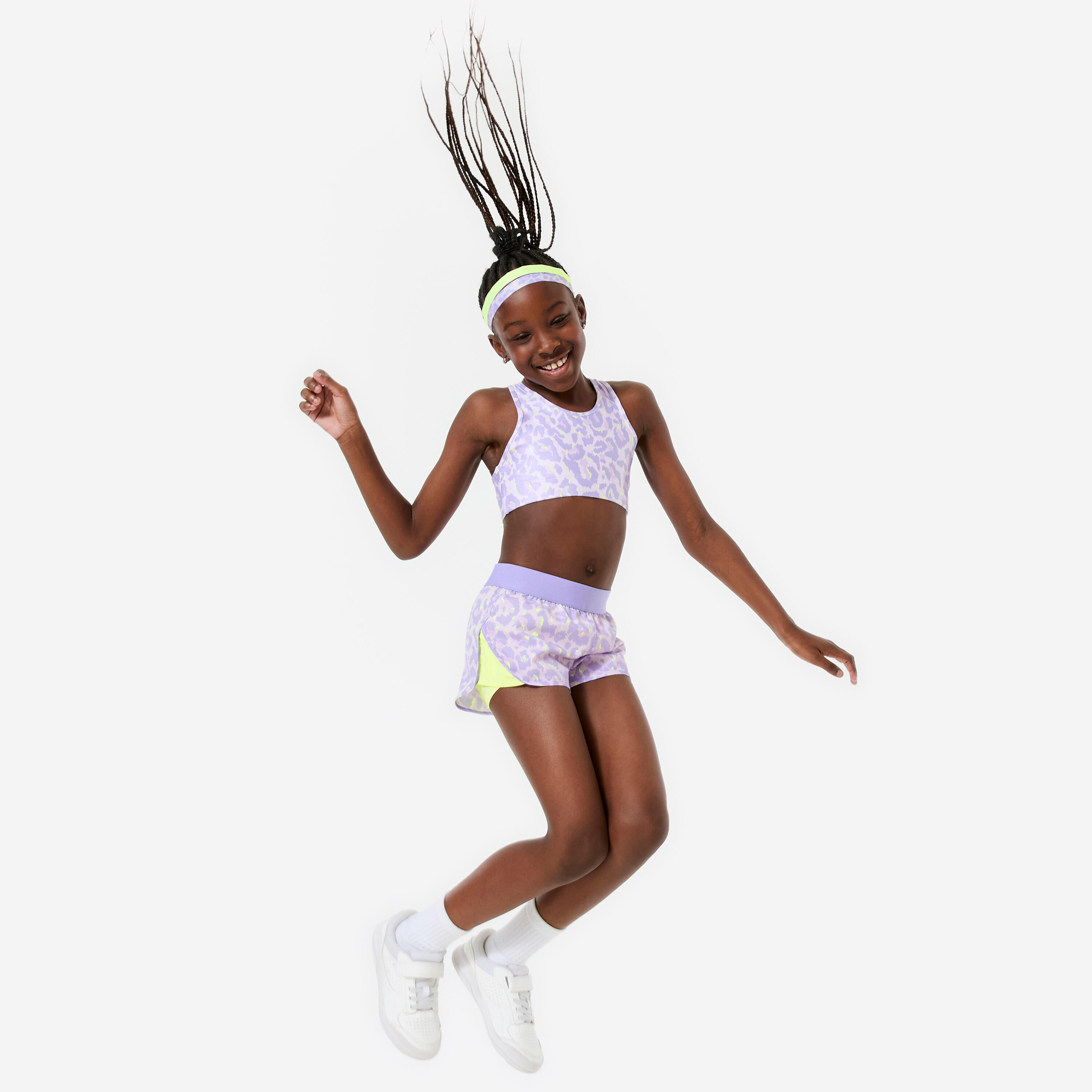 Atmungsaktives Sport-Bustier für Mädchen, Leopardenmuster Hellviolett/Neon-Gelb 6/6