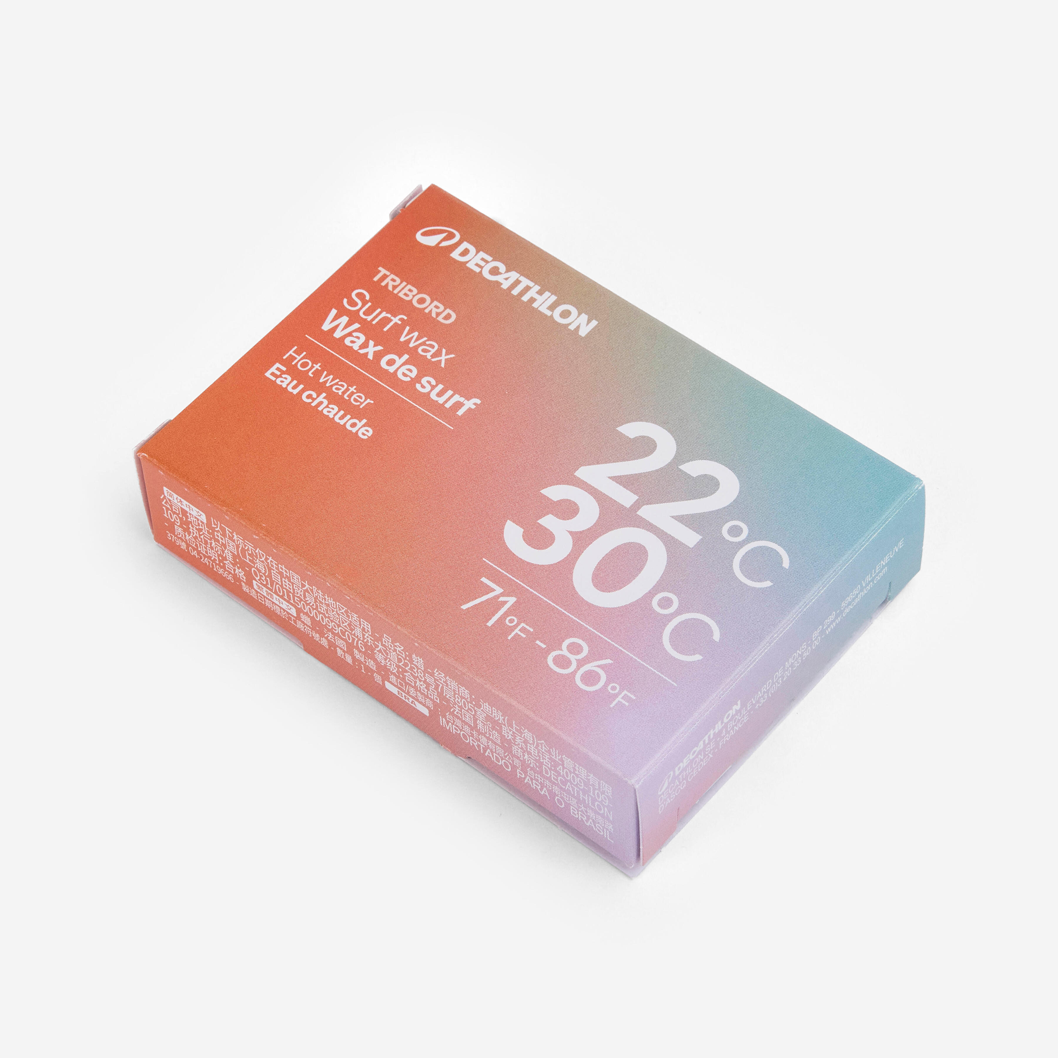 Natural surf wax for warm water from 22 to 30°C.