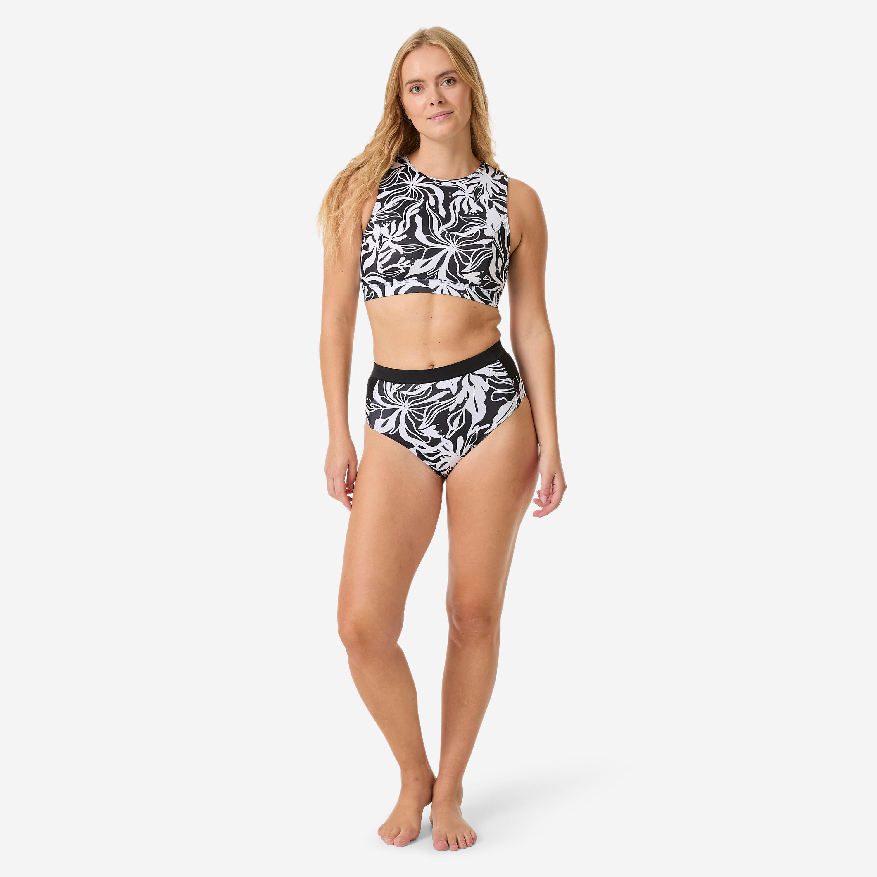 Bas de maillot de bain surf taille haute femme, Rosa Bermeo noir et blanc 2/6