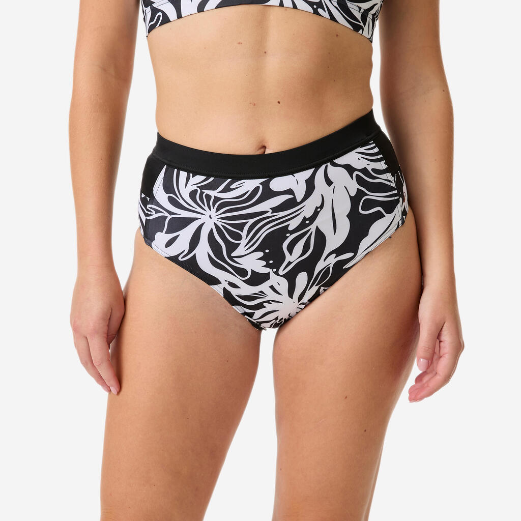 Bas de maillot de bain surf taille haute femme, Rosa Bermeo noir et blanc