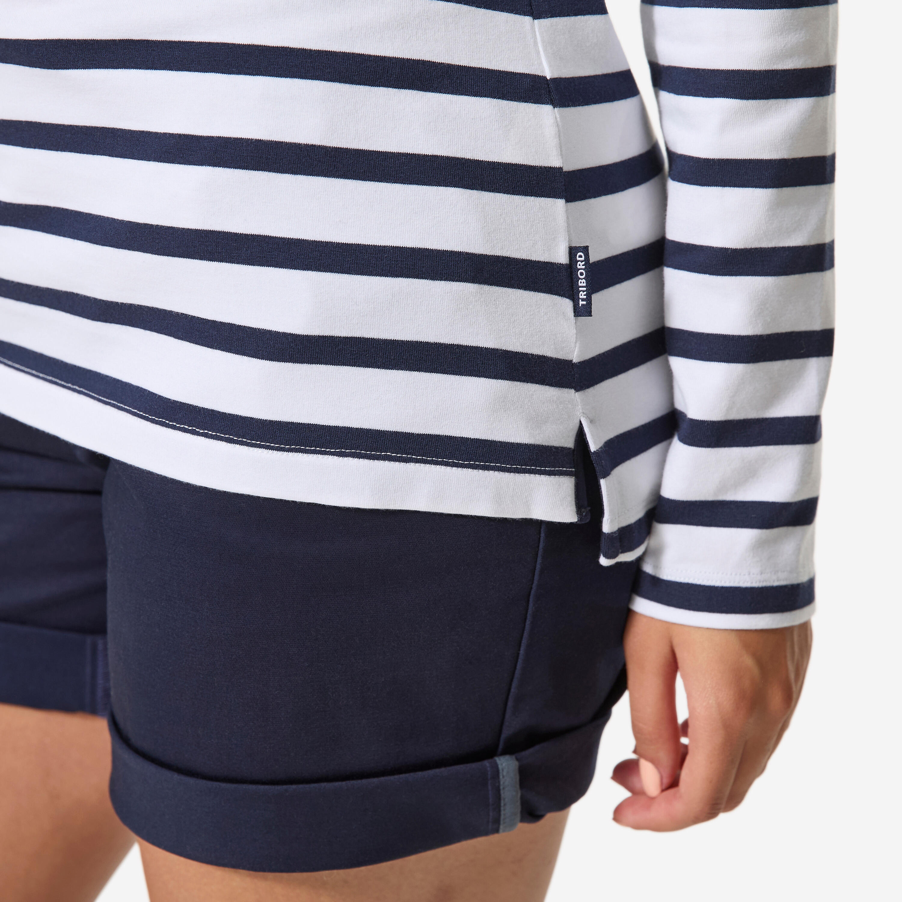 Tee-shirt marinière femme manches longues femme, 100 blanc bleu marine 6/7