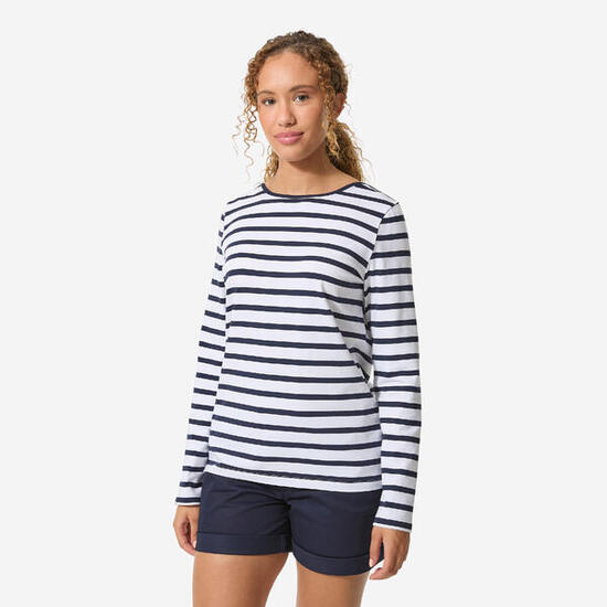 Tee-shirt marinière femme manches longues femme, 100 blanc bleu marine