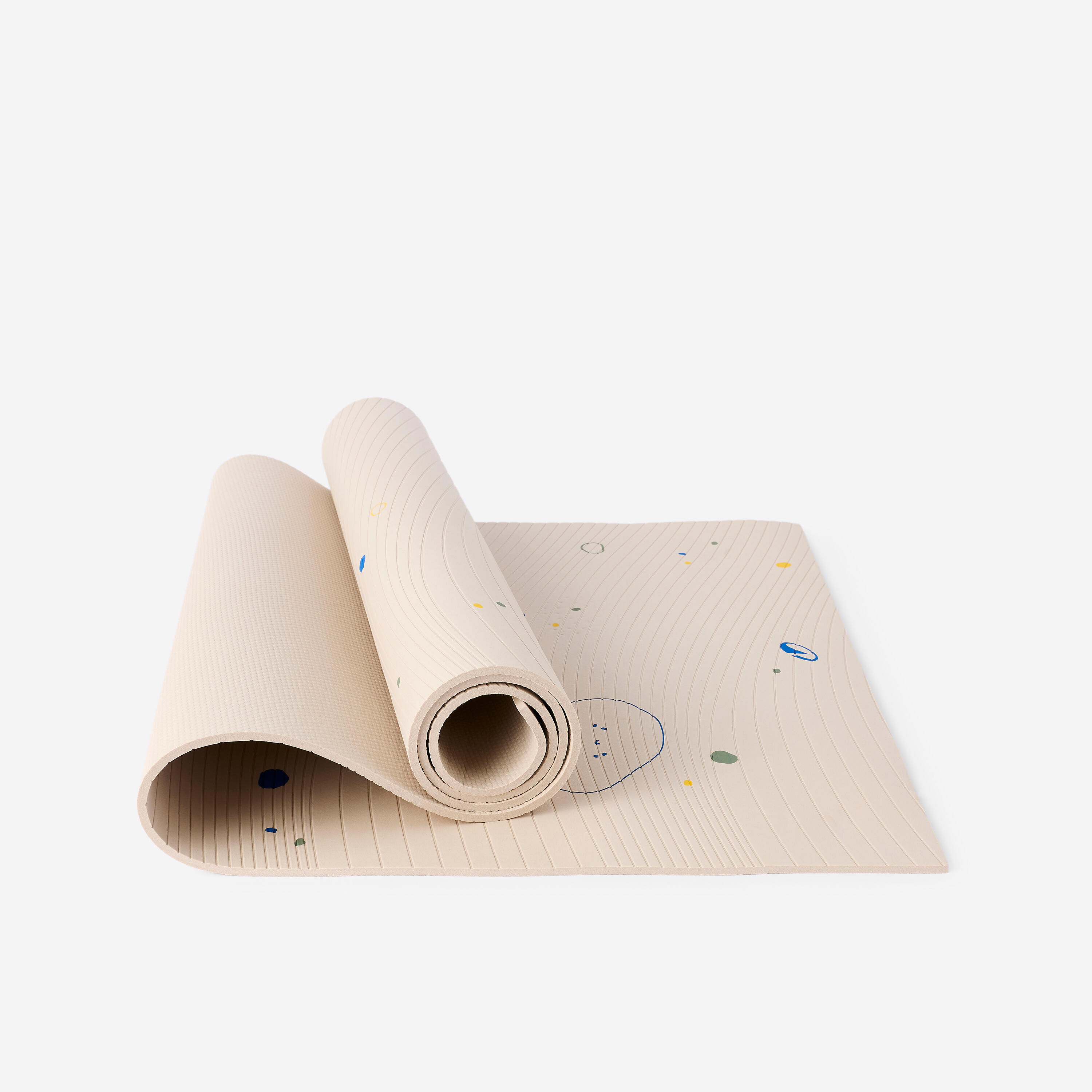 Tapis de yoga enfant avec sangles épaisseur 5mm, beige bleu et vert foncé
