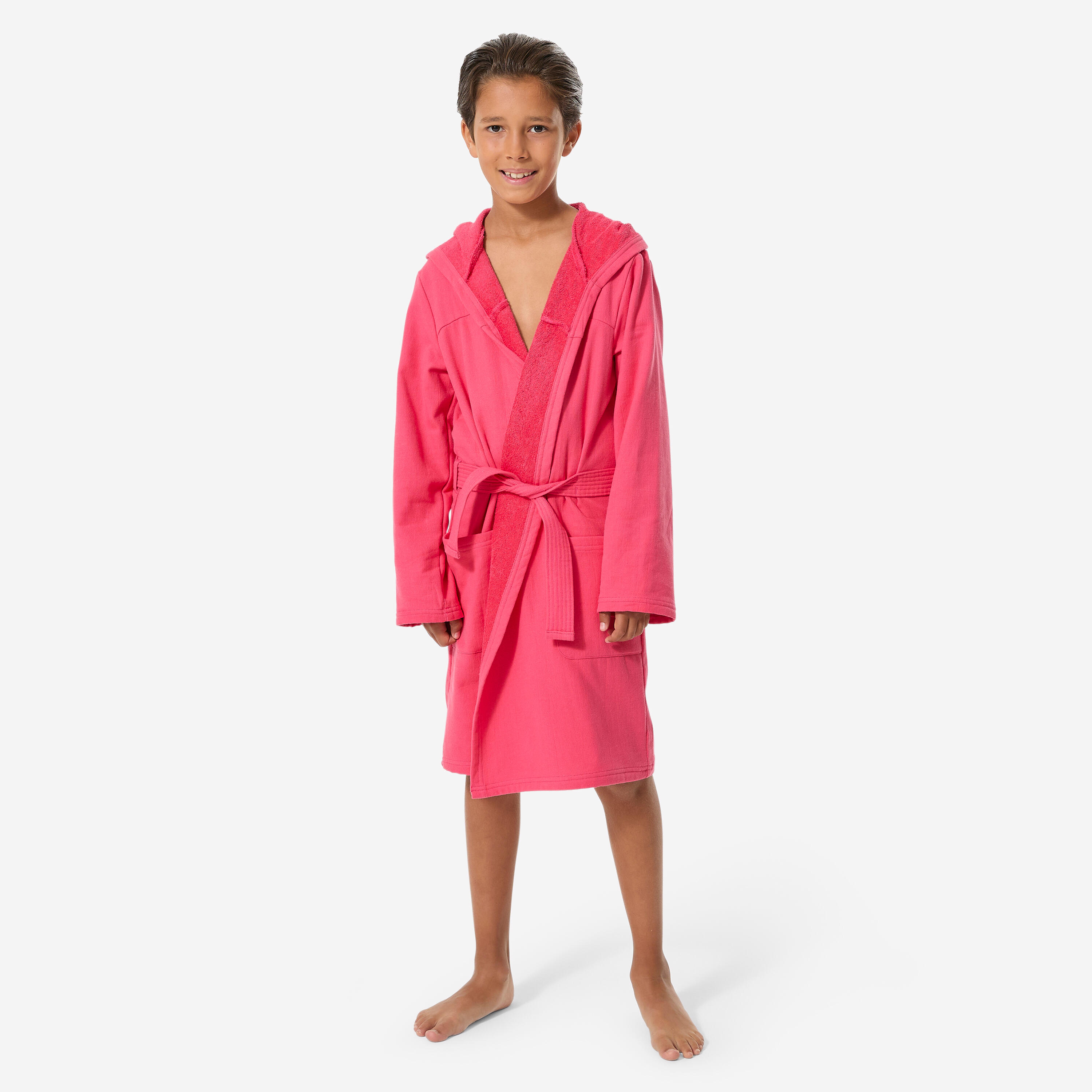 Roupão de natação compacto com capuz criança em algodão rosa romã 2/8