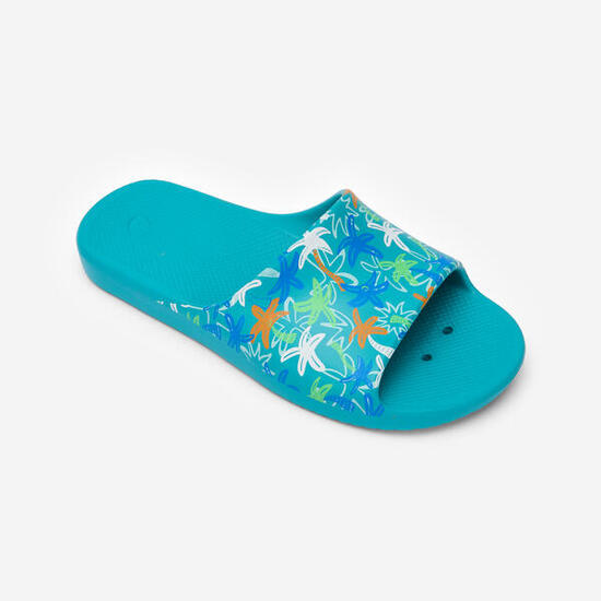 Claquettes de piscine enfant, Slap 500 palm turquoise