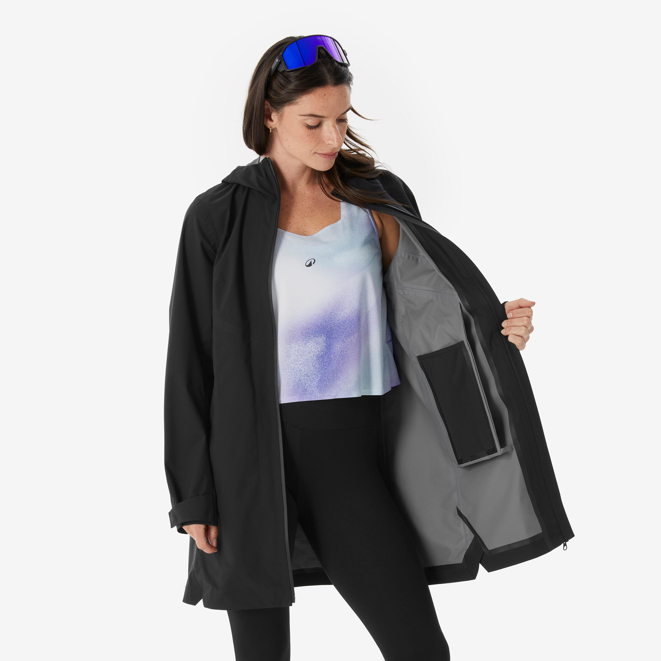 Manteau de randonnée imperméable léger et long femme, MH 100 8/12