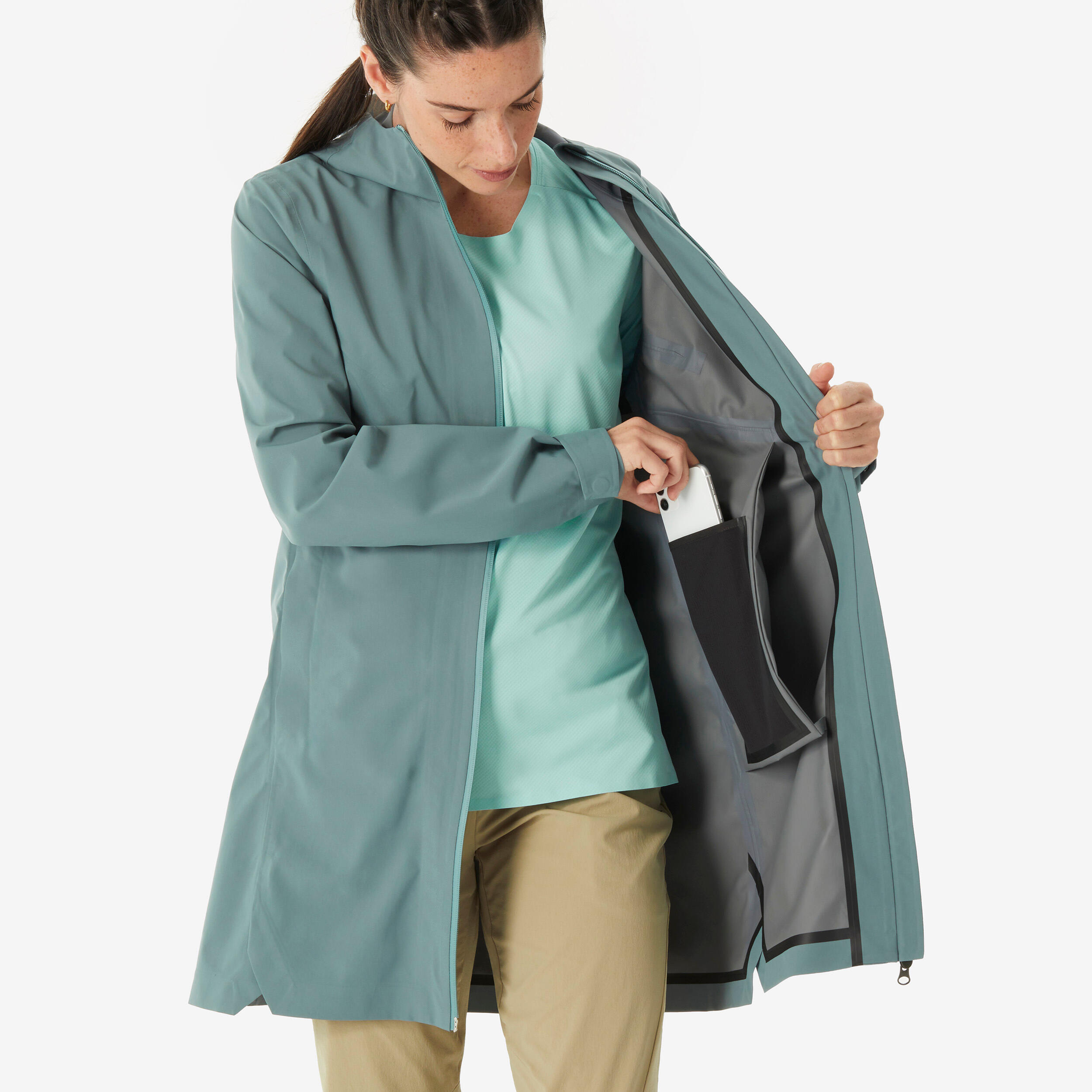 Manteau de randonnée imperméable léger et long femme, MH 100 7/10