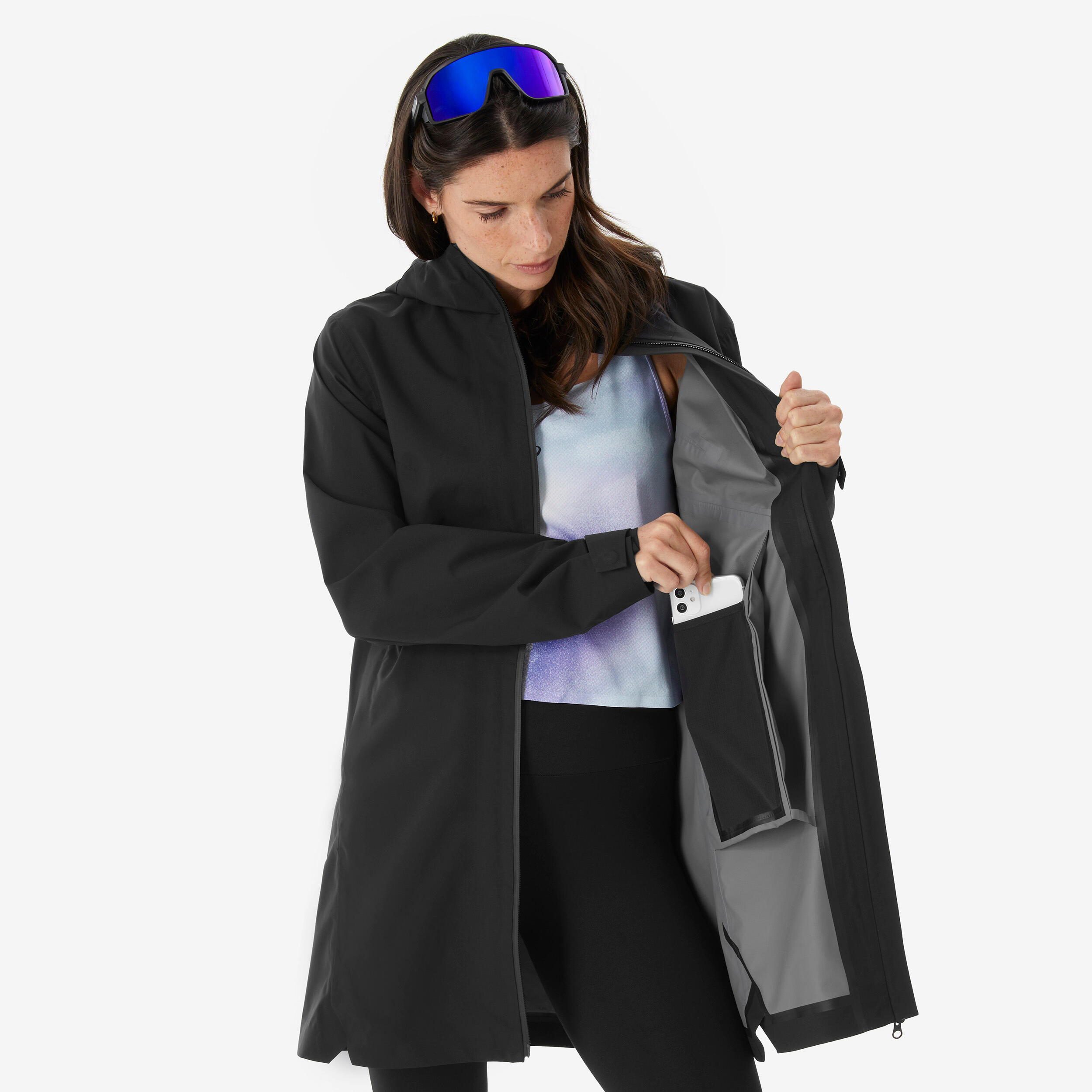 Manteau de randonnée imperméable léger et long femme, MH 100 7/12