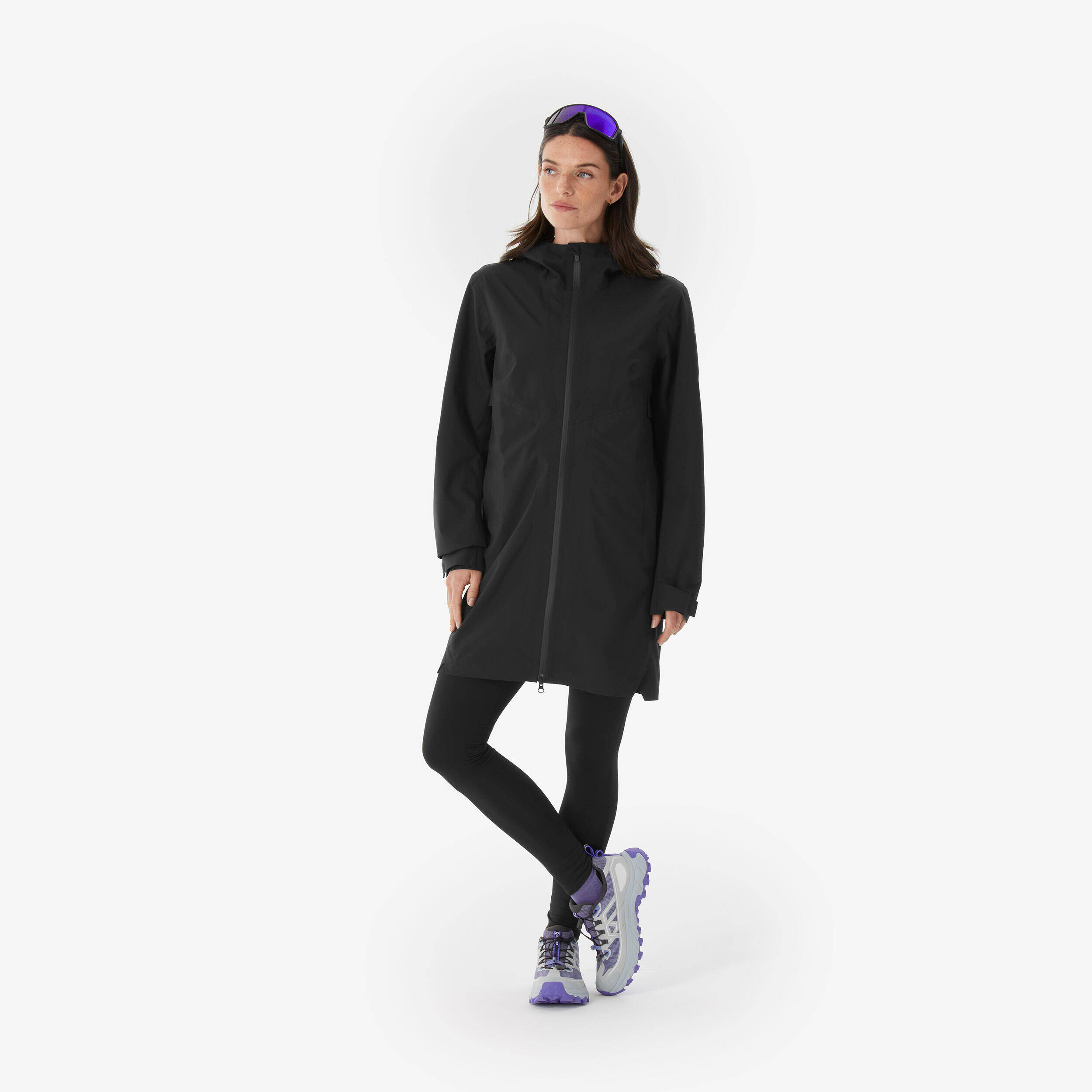 Women’s long, lightweight waterproof hiking jacket, MH100 - Black -  2
