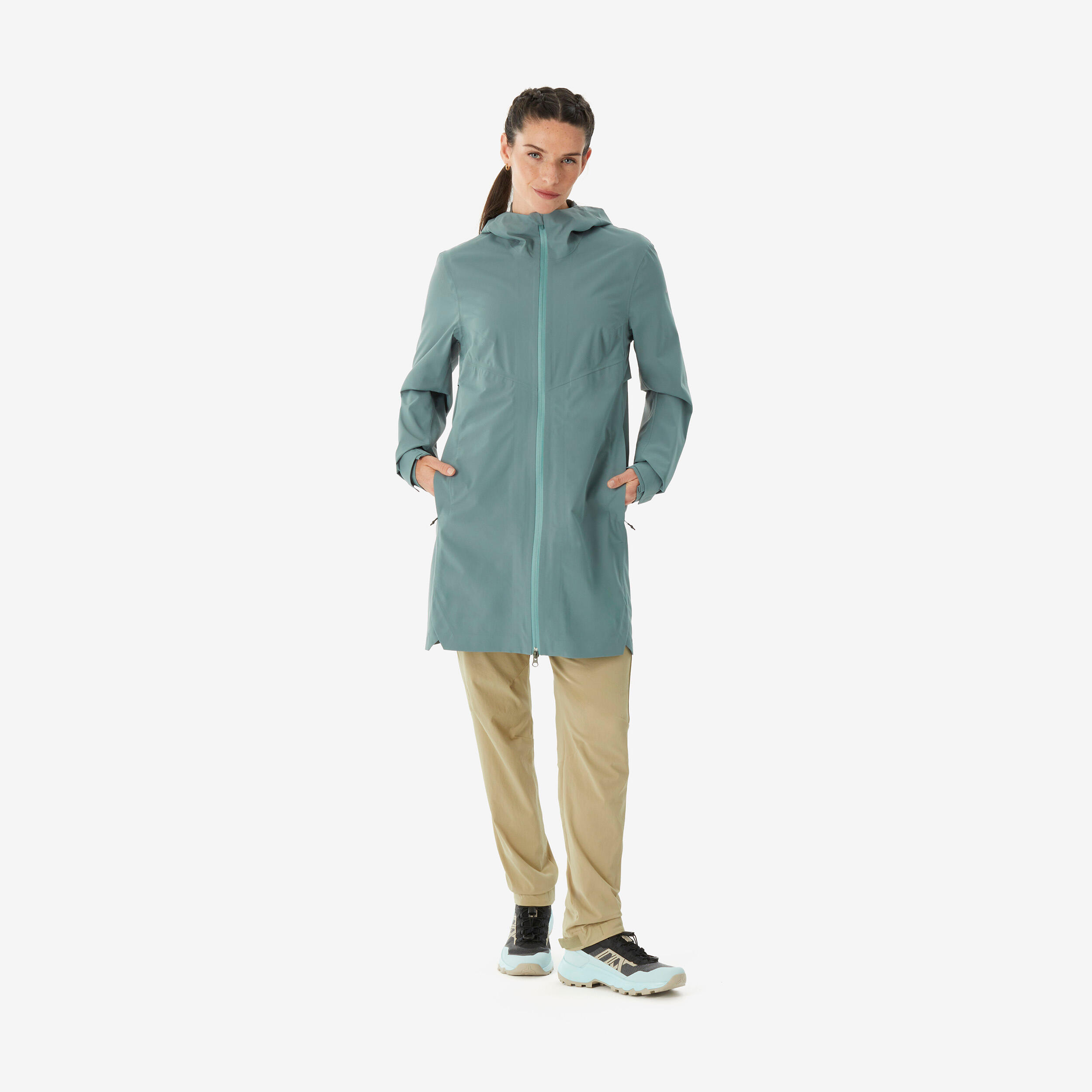 Manteau de randonnée imperméable léger et long femme, MH 100 2/10