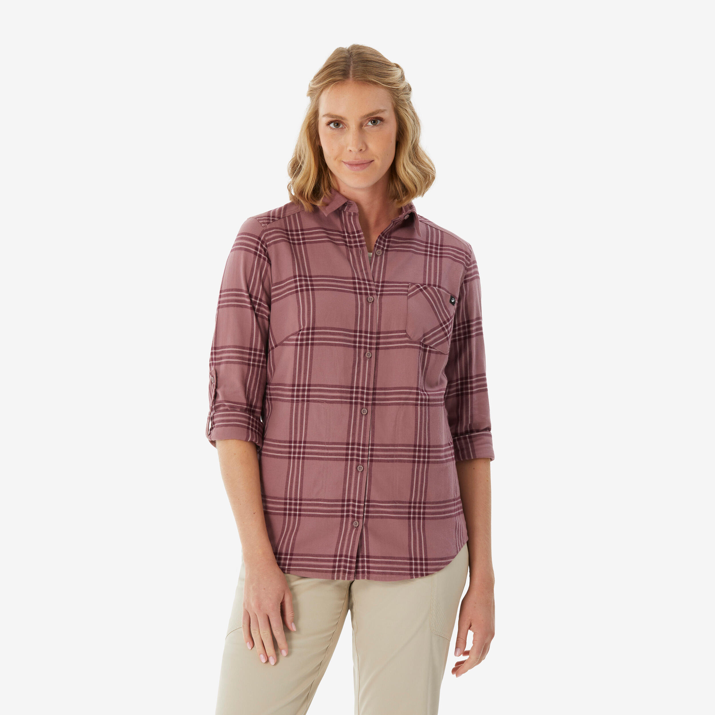 Women Checked Full Sleeve Light Flannel Shirt Taupe Pink - Travel 100