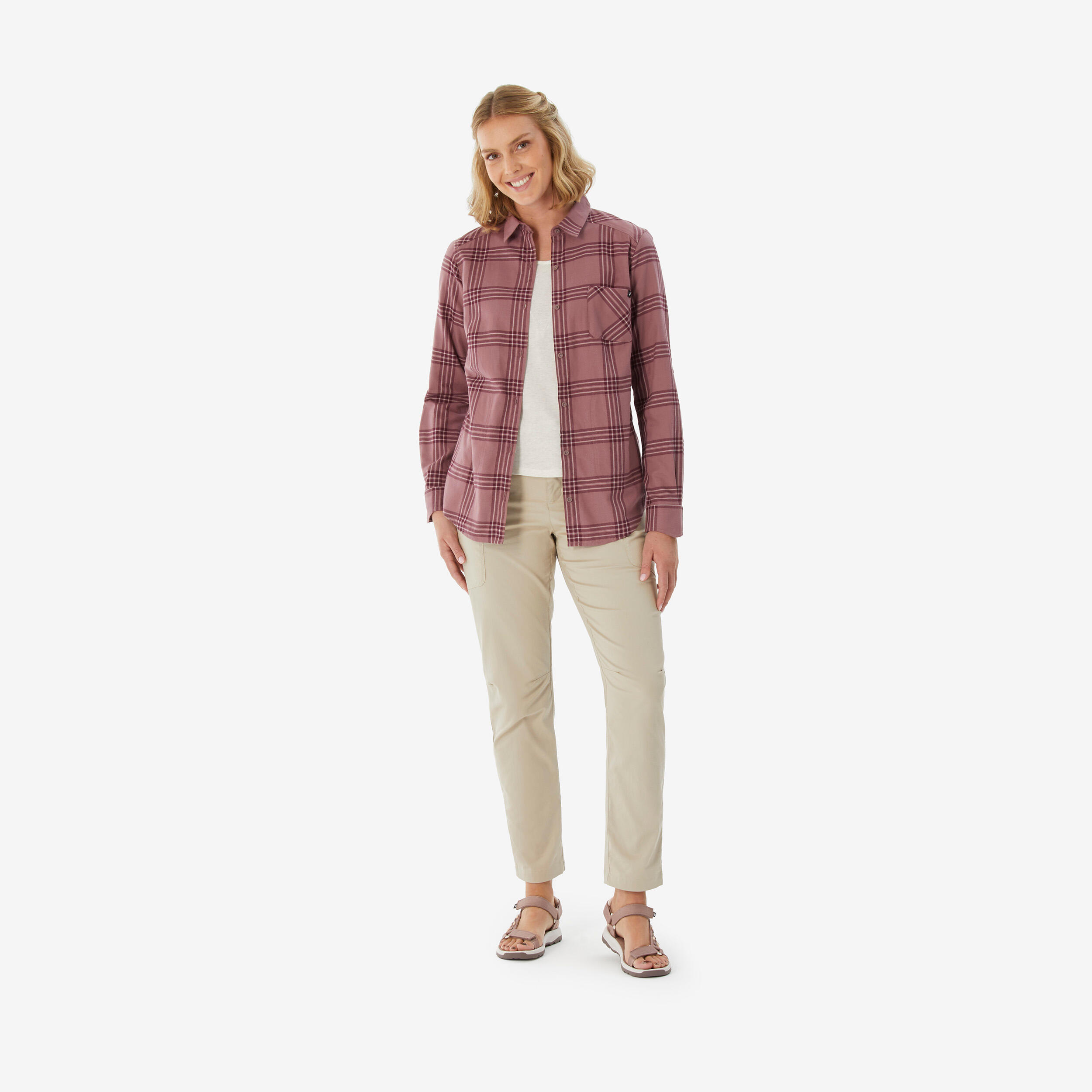 Women Checked Full Sleeve Light Flannel Shirt Taupe Pink - Travel 100