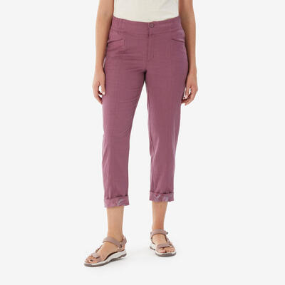 Pantaloni lino montagna donna NH500 viola