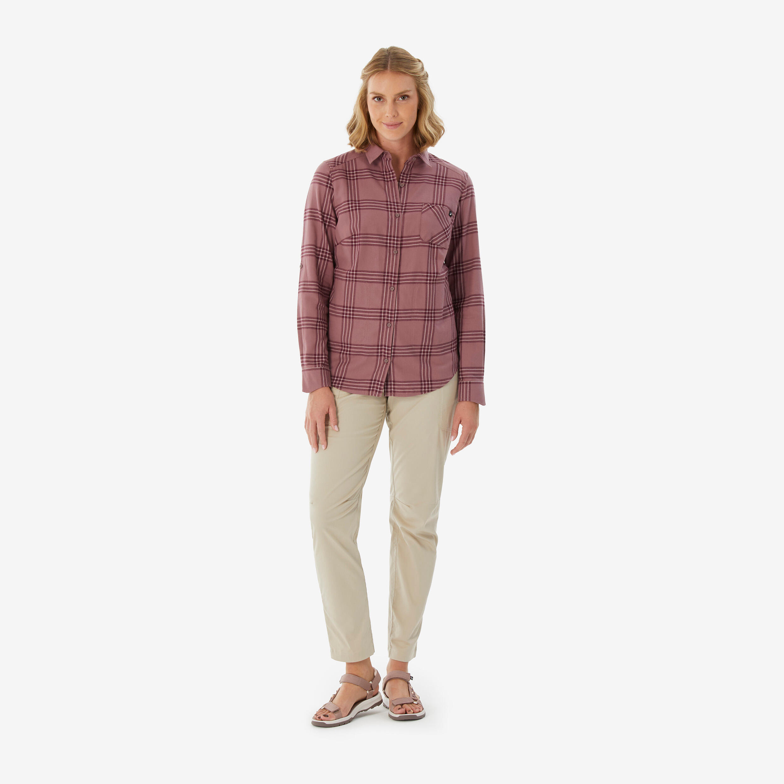 Women Checked Full Sleeve Light Flannel Shirt Taupe Pink - Travel 100