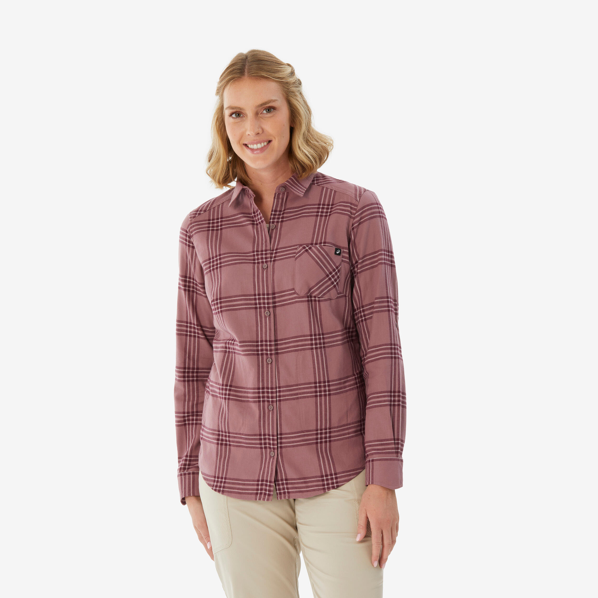 Women Checked Full Sleeve Light Flannel Shirt Taupe Pink - Travel 100