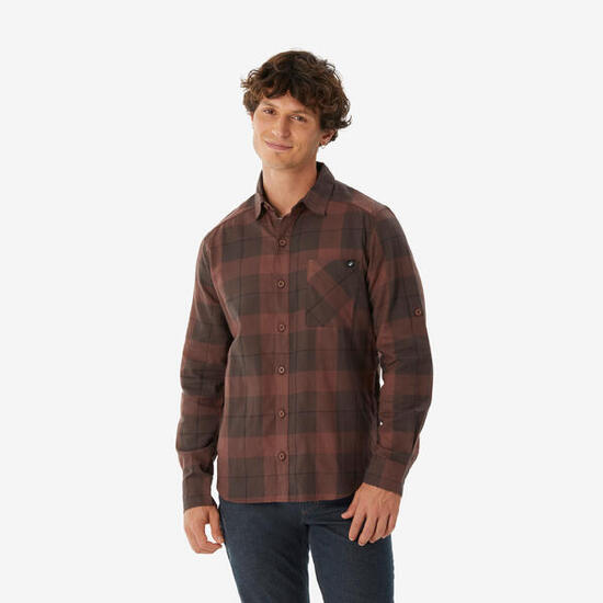 Camisa de cuadros de montaña y trekking franela Hombre Travel 500 marrón