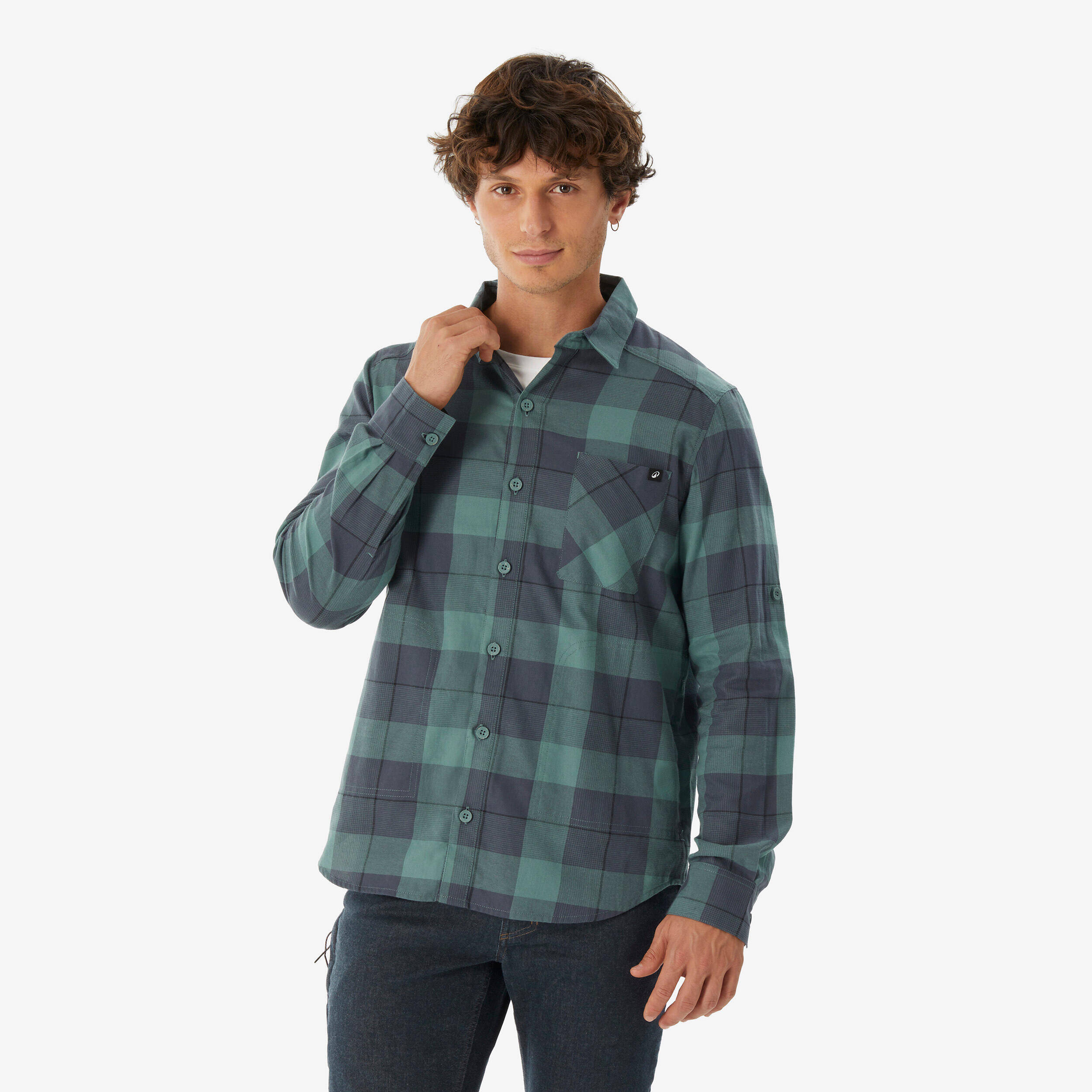 Men’s long-sleeved hiking shirt TRAVEL 500 Warm - Green -  1