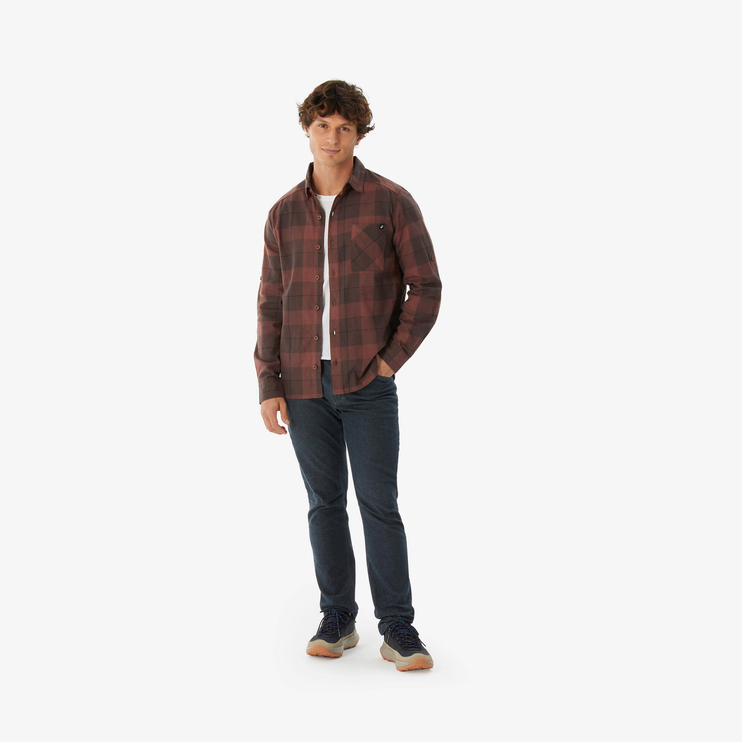 Men’s long-sleeved hiking shirt TRAVEL 500 Warm - Brown -  2