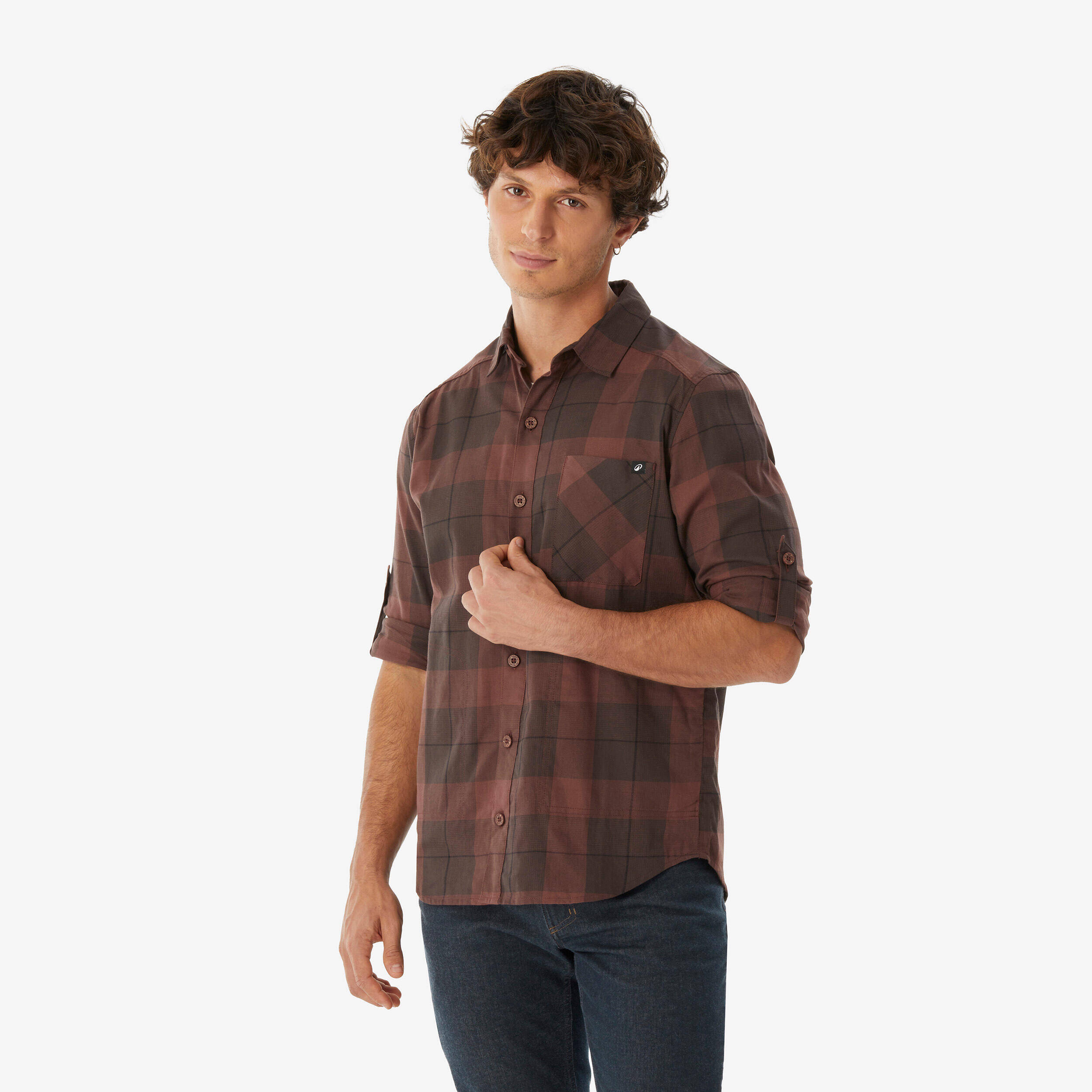 Men’s long-sleeved hiking shirt TRAVEL 500 Warm - Brown -  4