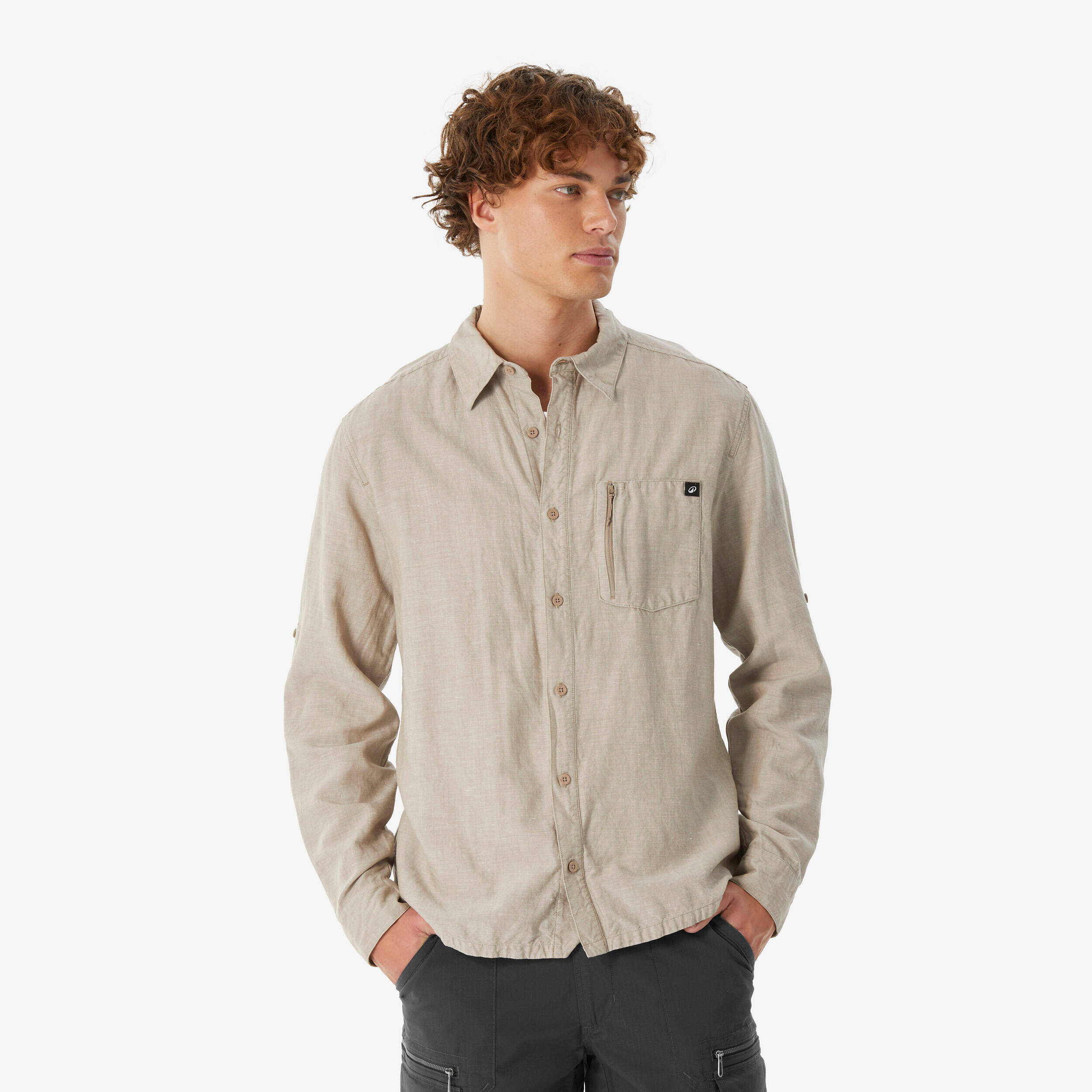 Men’s long-sleeved hiking shirt NH500 - beige -  1