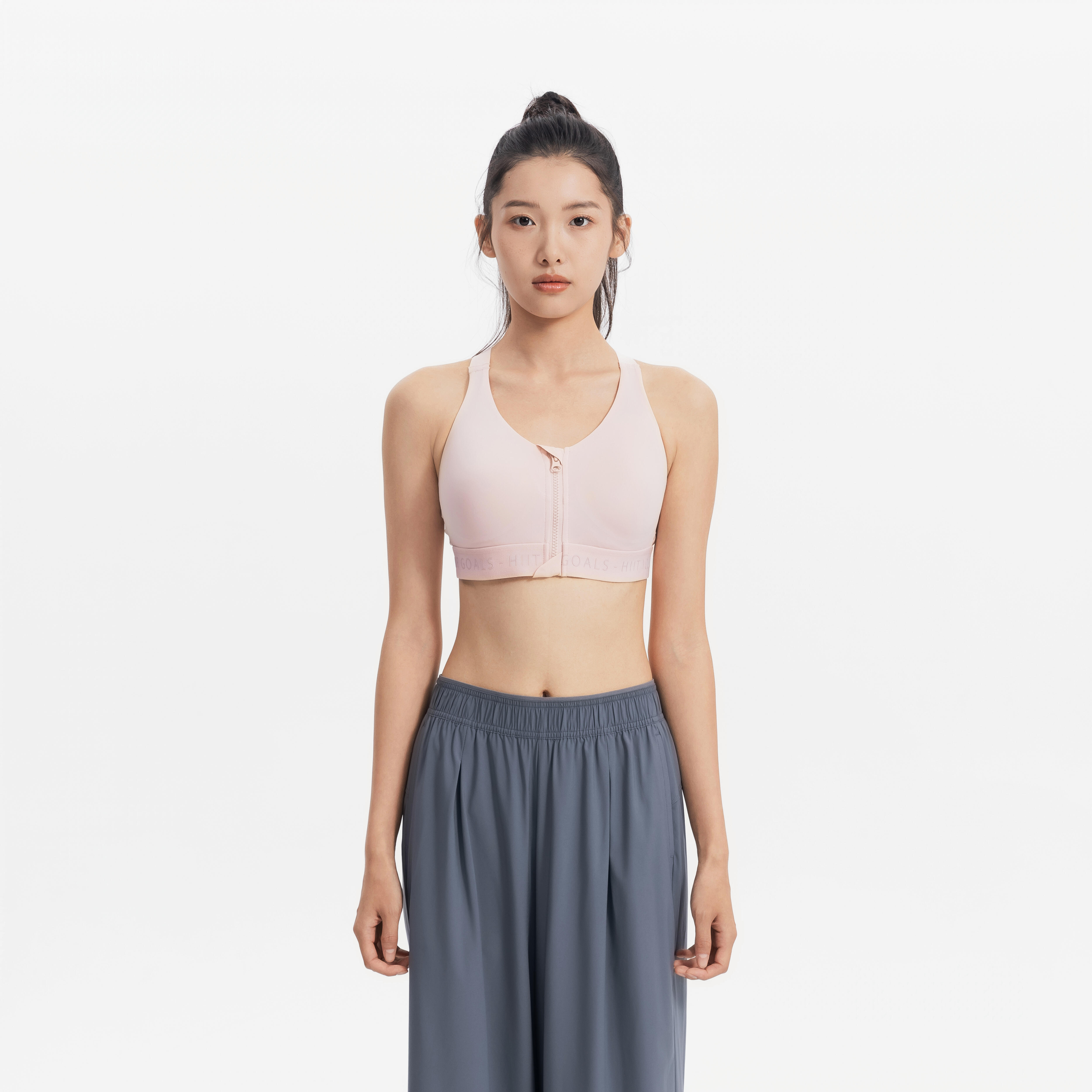 Women's High Support Zipped Sports Bra with Cups - Quartz Pink - DECATHLON