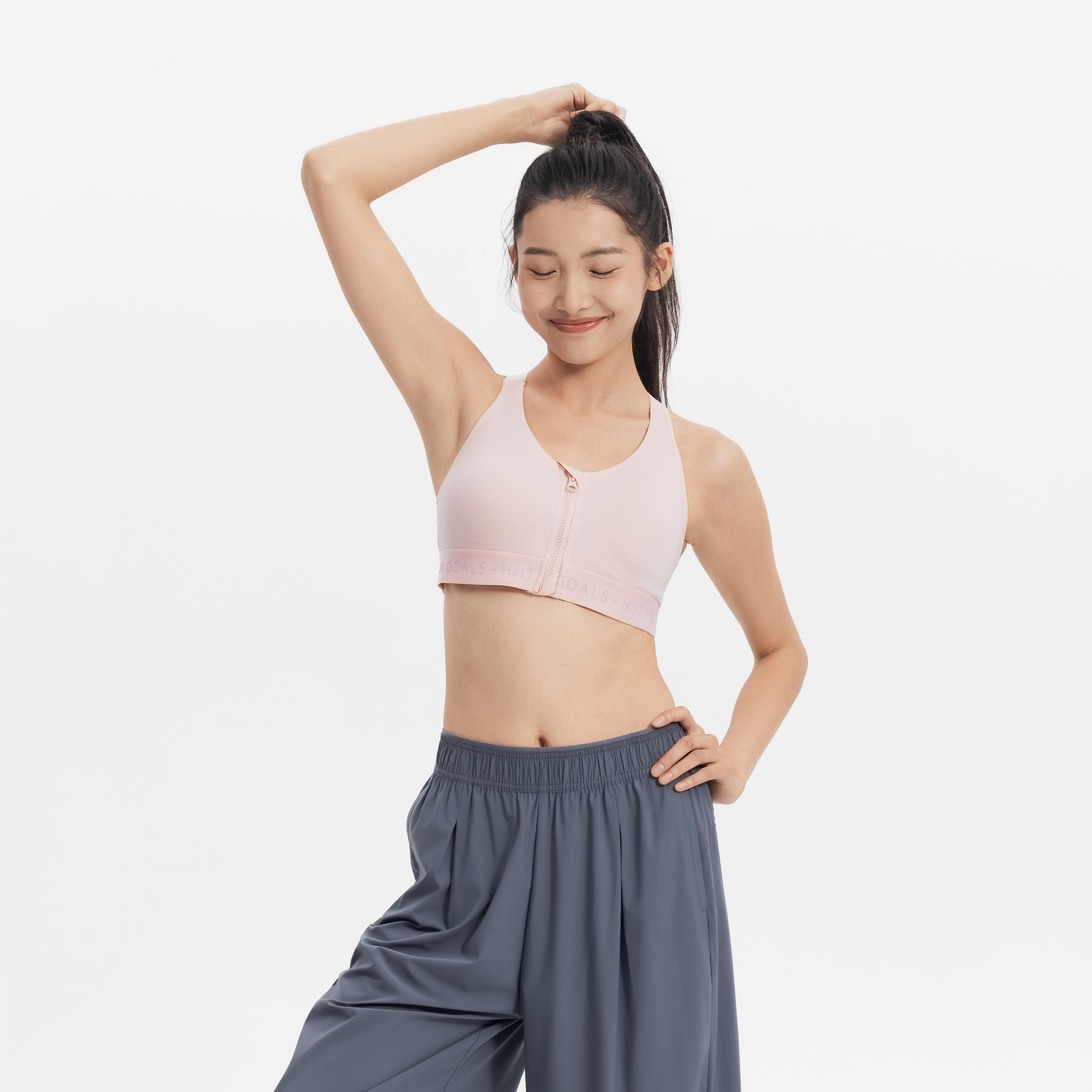 Women's High Support Zipped Sports Bra with Cups - Quartz Pink - DECATHLON