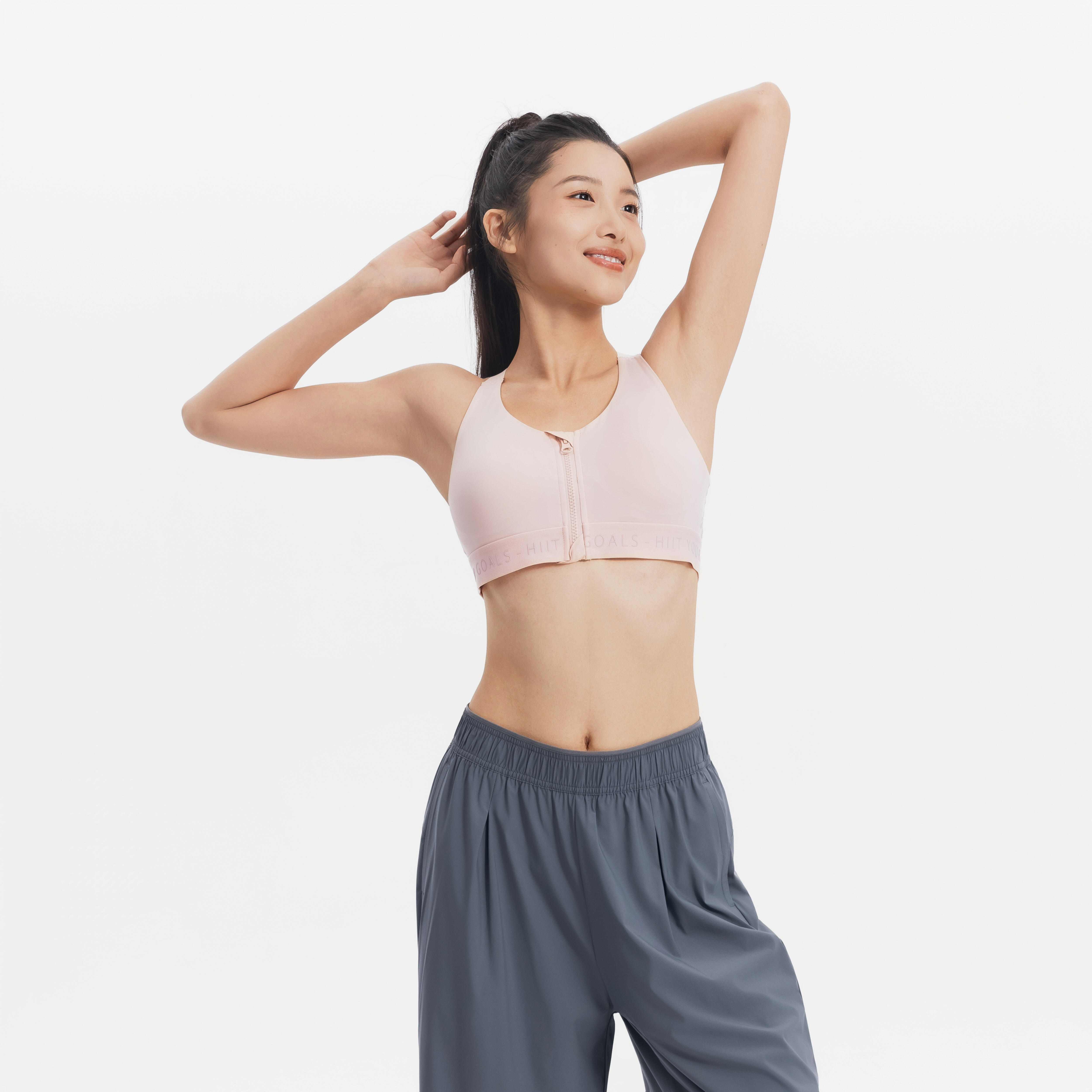 Women's High Support Zipped Sports Bra with Cups - Quartz Pink - DECATHLON