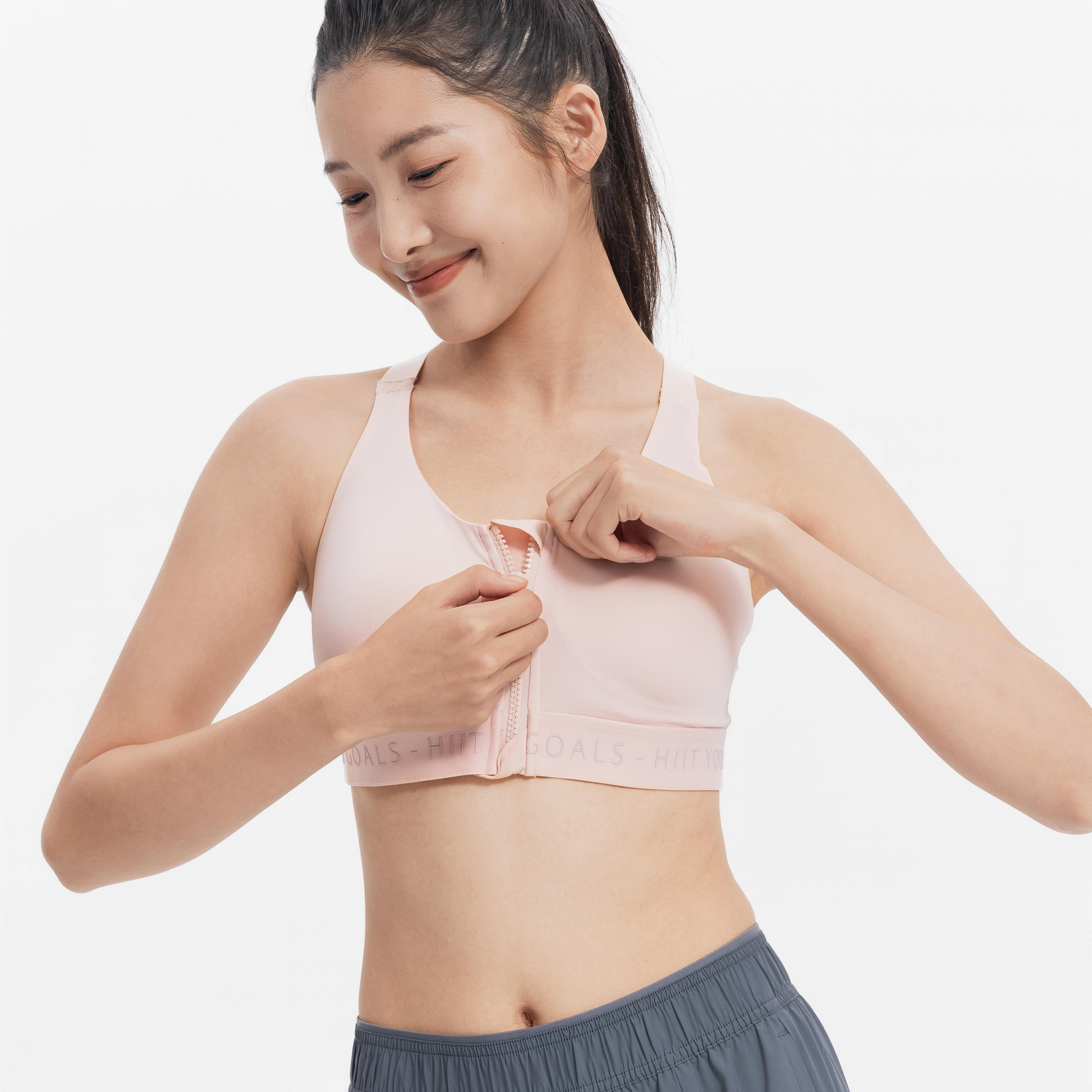 Women's High Support Zipped Sports Bra with Cups - Quartz Pink - DECATHLON