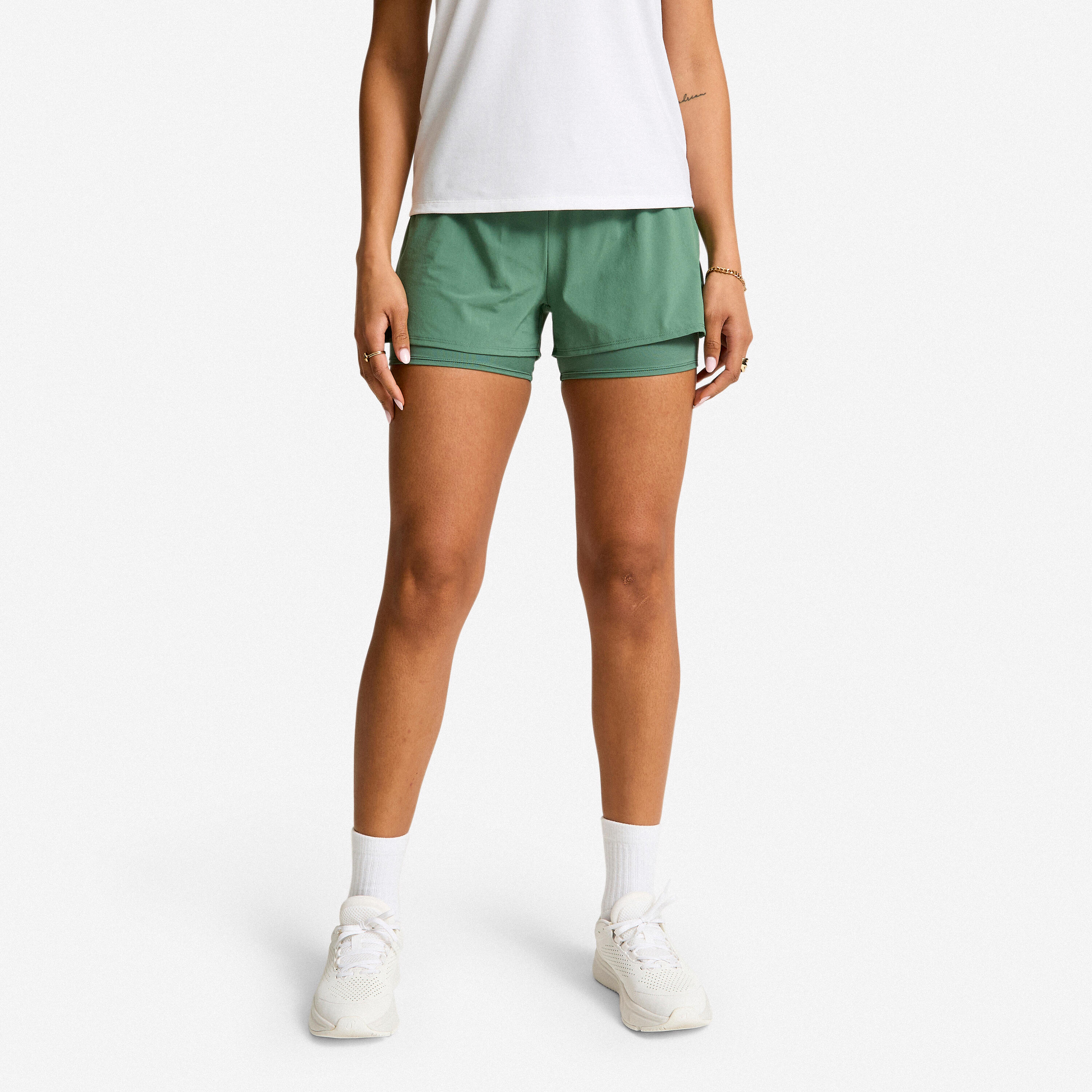 Short 2 en 1 fitness femme, vert foncé