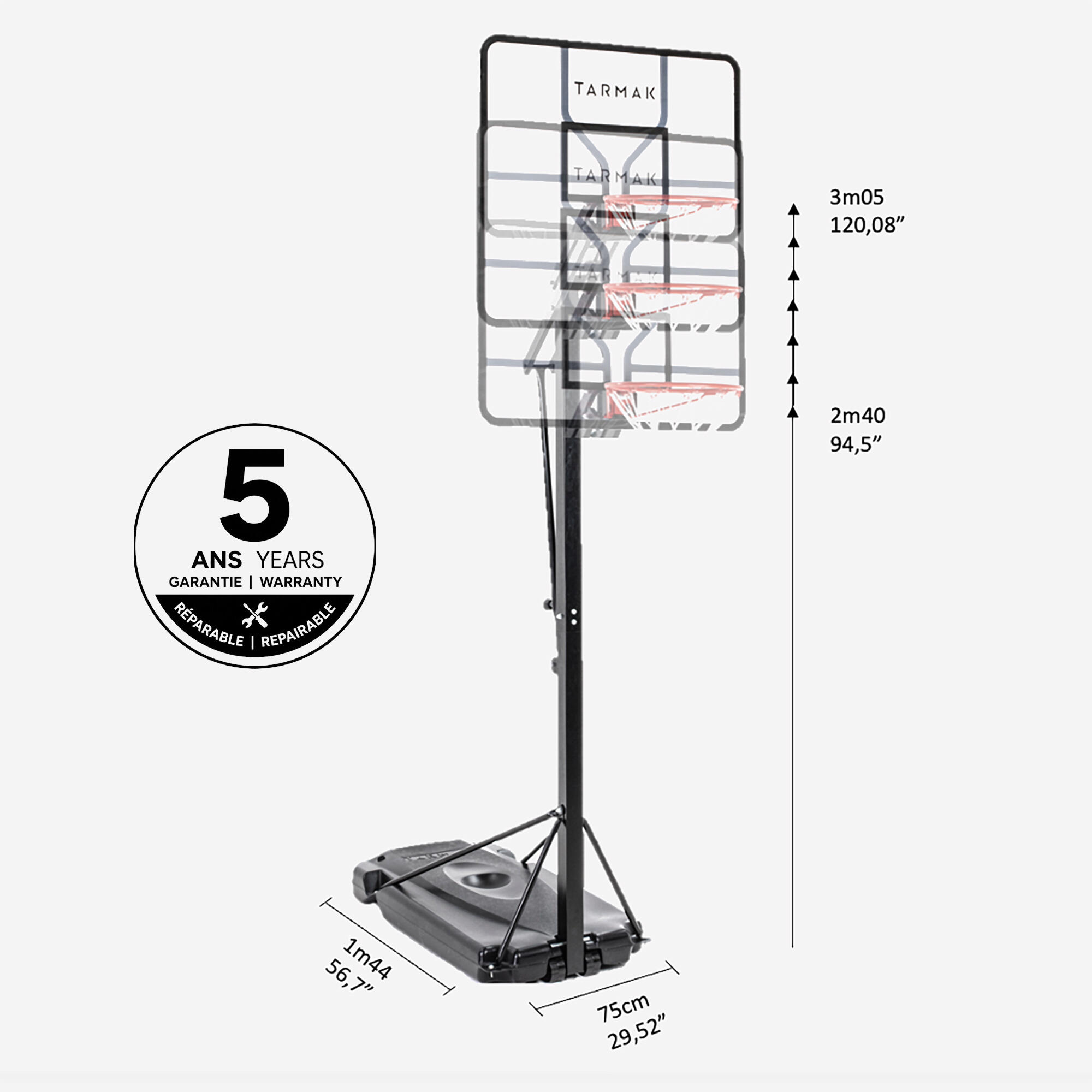 ARO BÁSQUETBOL AJUSTABLE DE 2,40 A 3,05 M B700 PRO 20/38