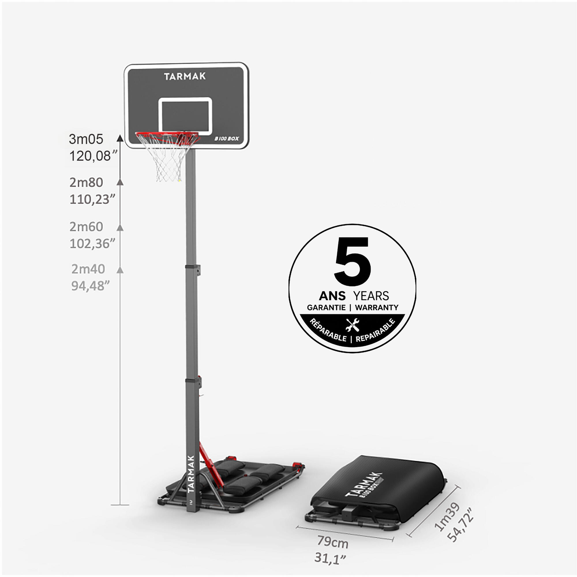 Panier de basketball sur pied pliable à hauteur réglable 2,4-3,1 m, B 100 Box - TARMAK