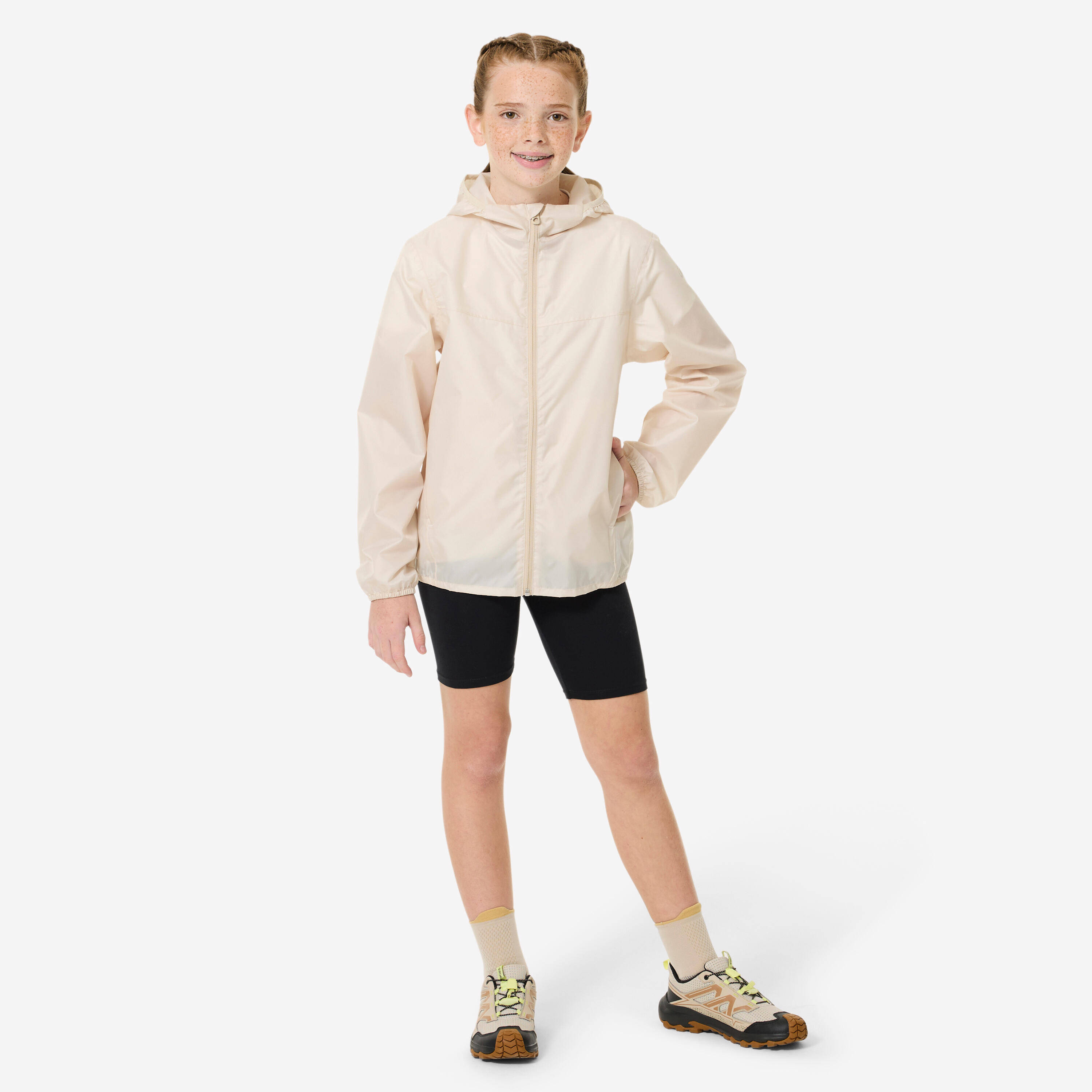 Juniors’ waterproof hiking jacket, 7-15 years, MH100 Zip - Beige -  2