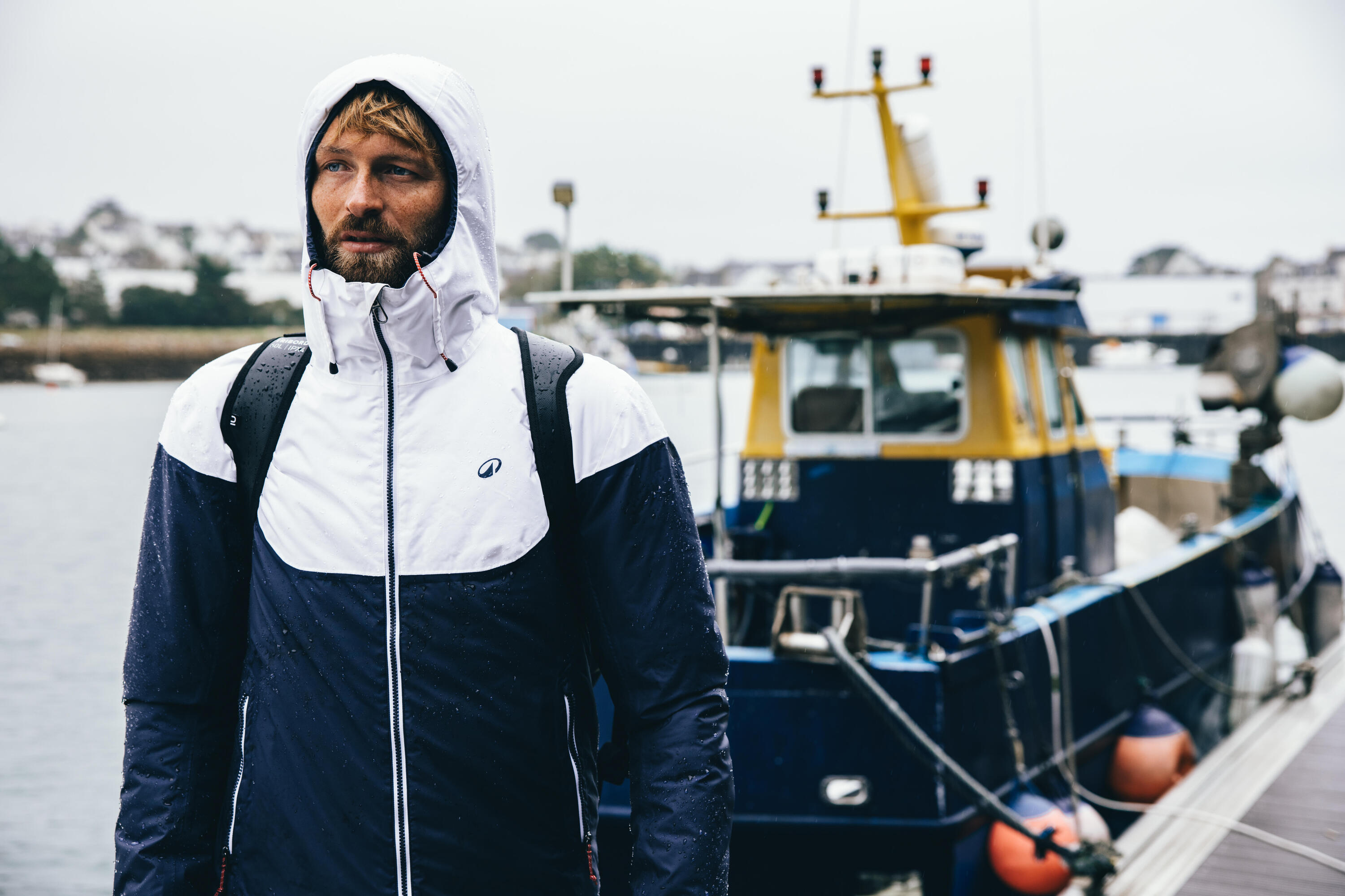 Segeljacke warm wasserdicht Herren – Sailing 100, Blau und Weiss 14/16