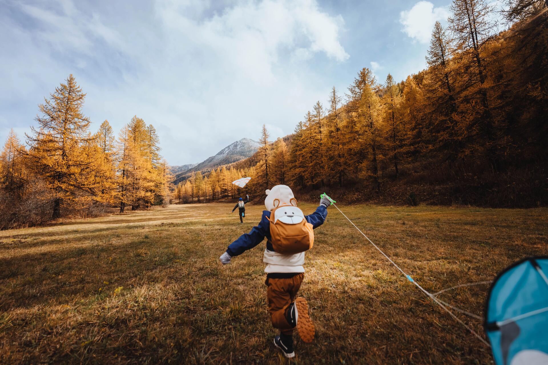 Fröhliche Kinder lassen an einem windigen Herbsttag im Wald ihre Drachen steigen