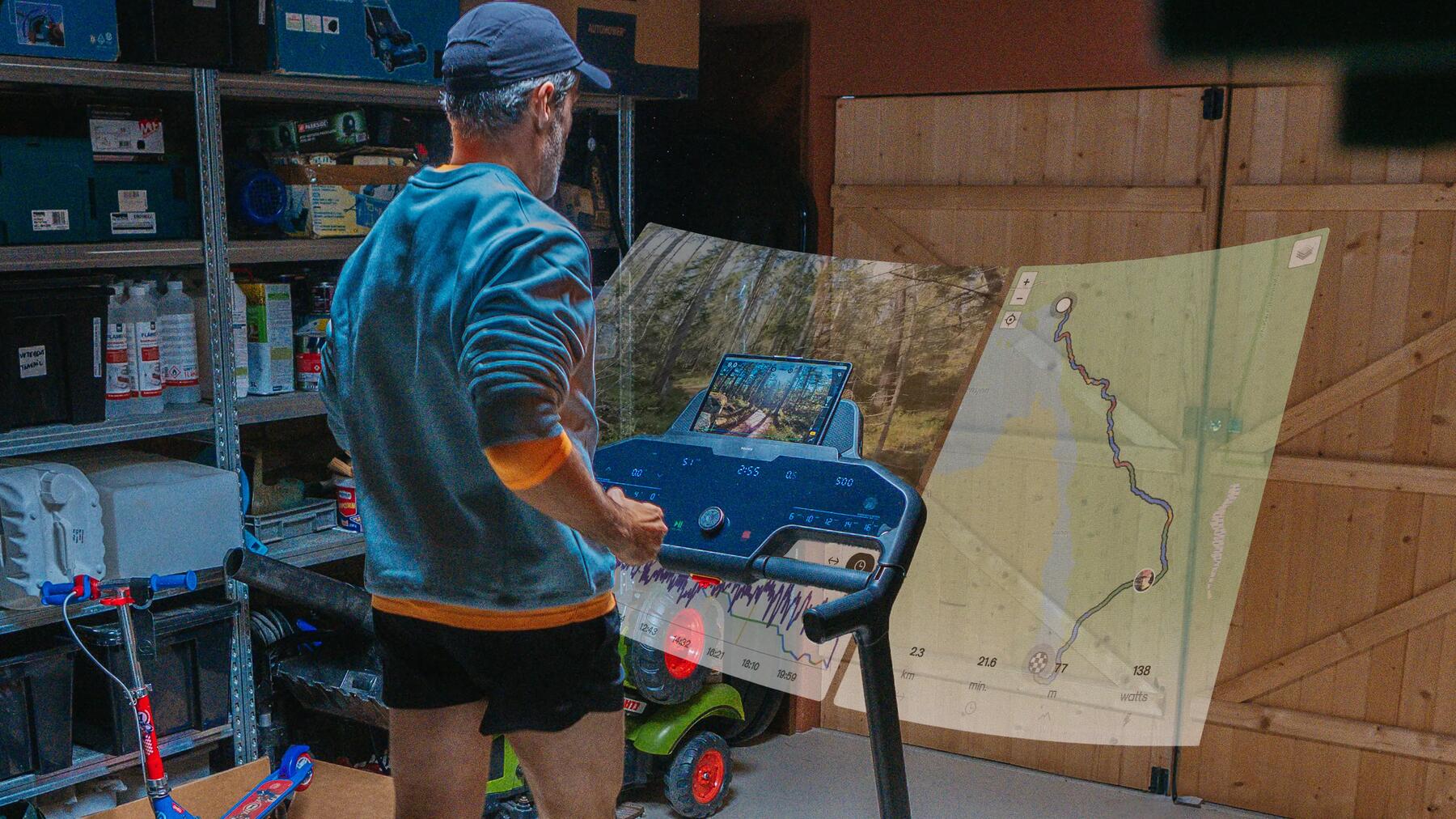 Ein Mann nutzt ein Laufband mit Display in der Garage