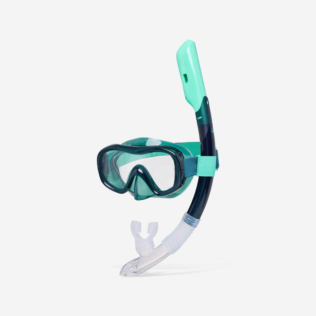 Adult snorkelling COMFORT anti-fog mask DRY TOP snorkel set, 100 Duck green