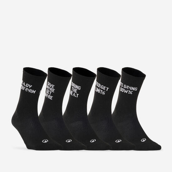 Chaussettes de fitness mi-mollet x5, noir imprimé blanc
