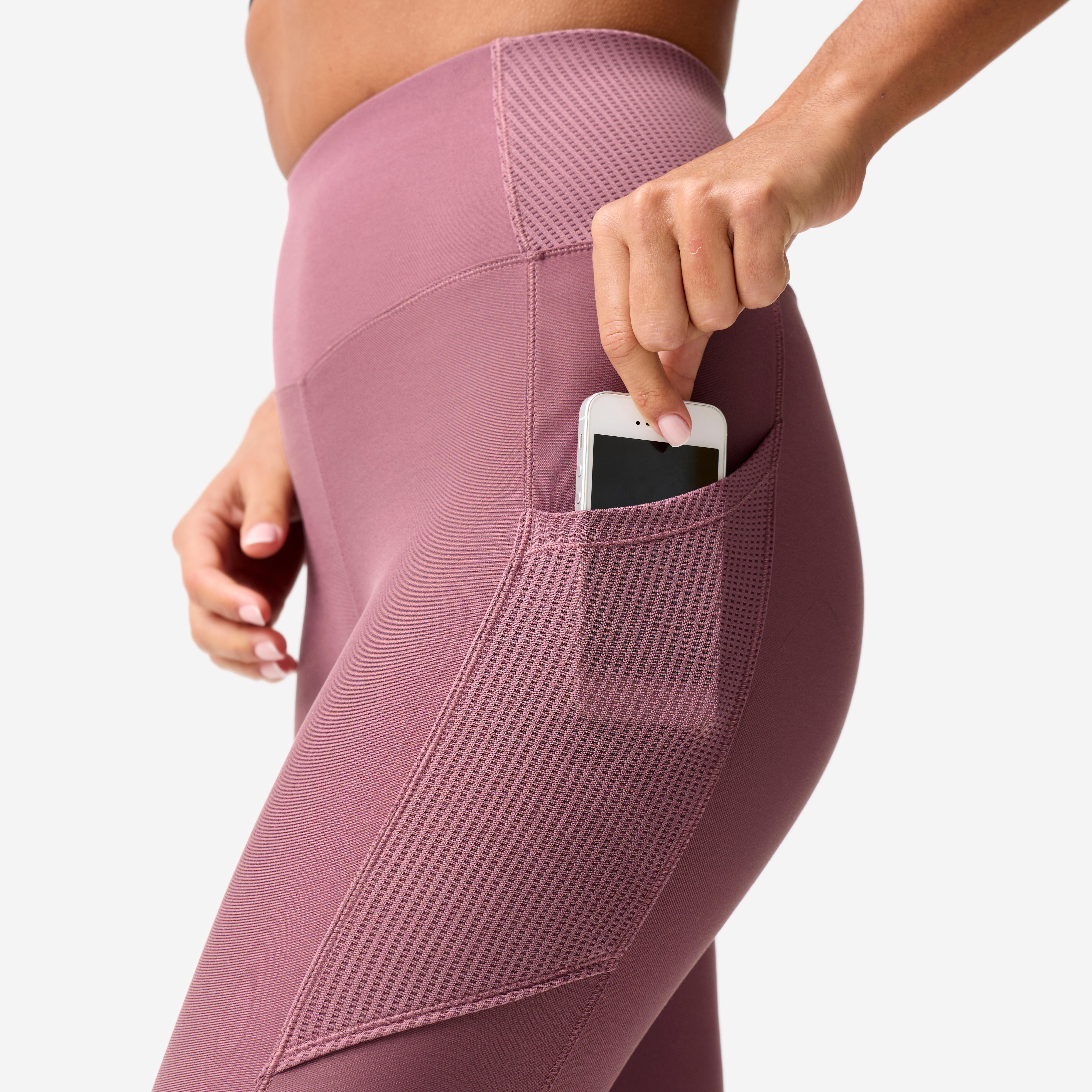 DOMYOS Dámske fitness legíny s vreckom na telefón svetlofialové XL (W35 L31) · záber 4