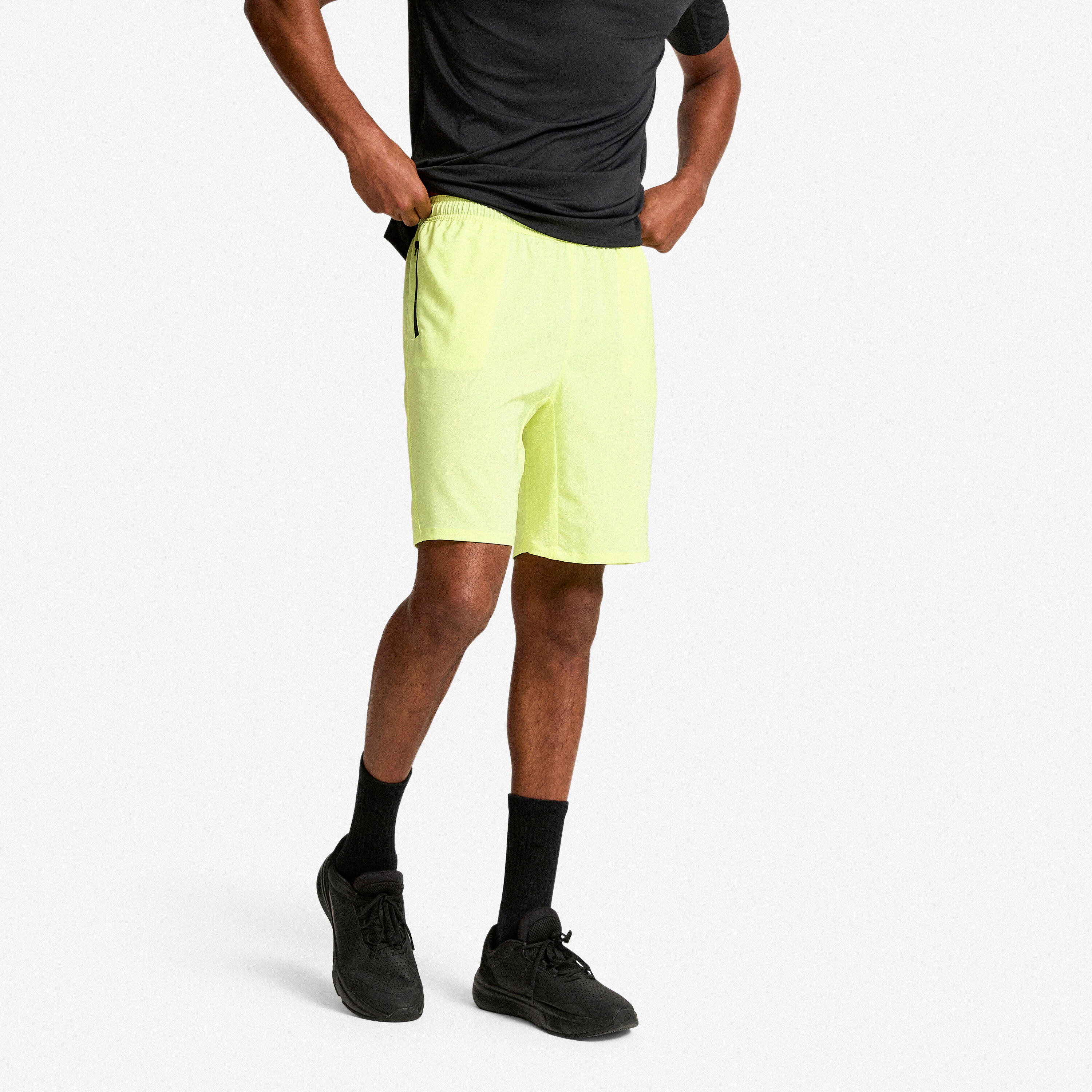 Men's Breathable Fitness Shorts with Zip-Up Pockets - Neon Yellow