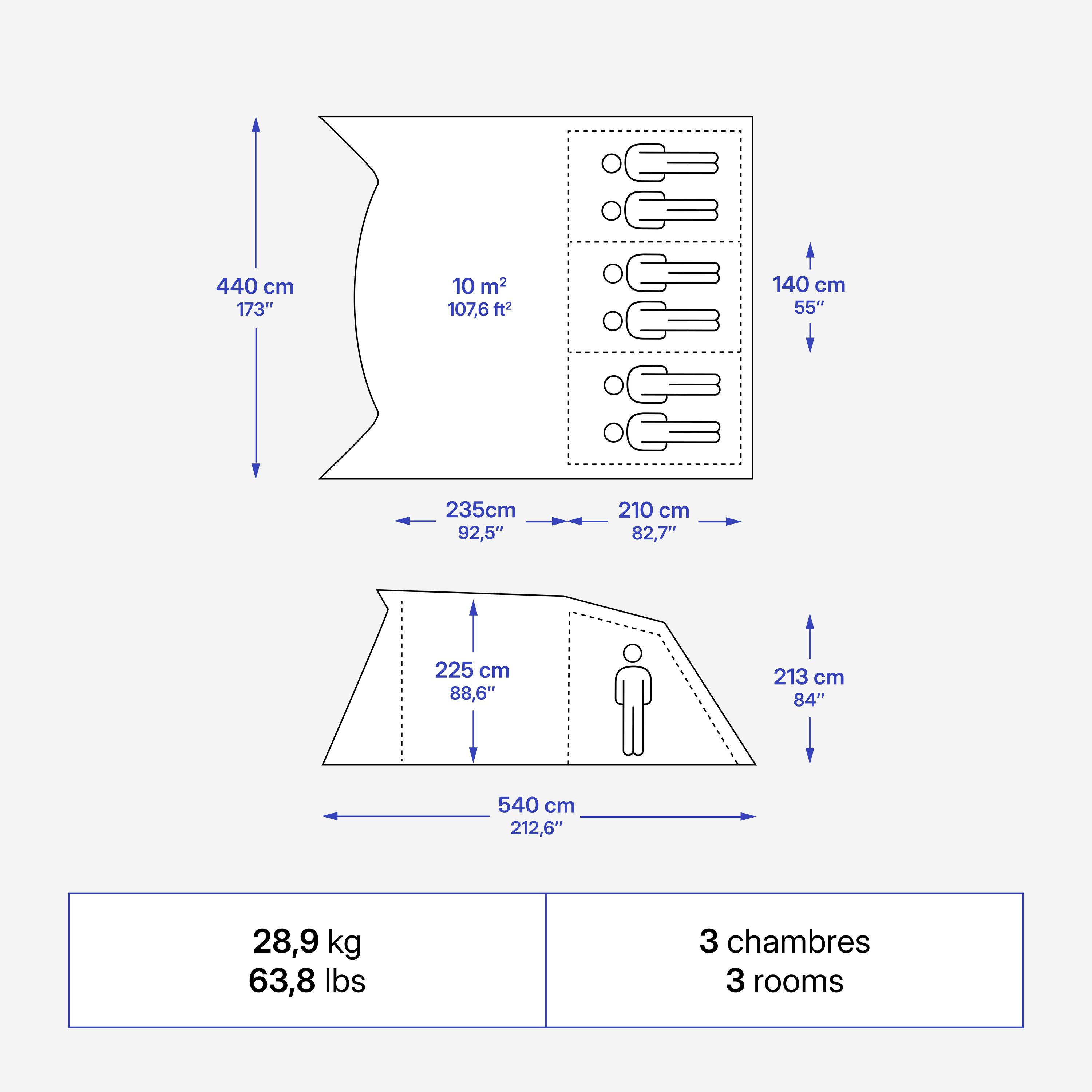 Tente de camping gonflable 6 places 3 chambres,  Fresh & Black, Air Seconds 6.3 4/19