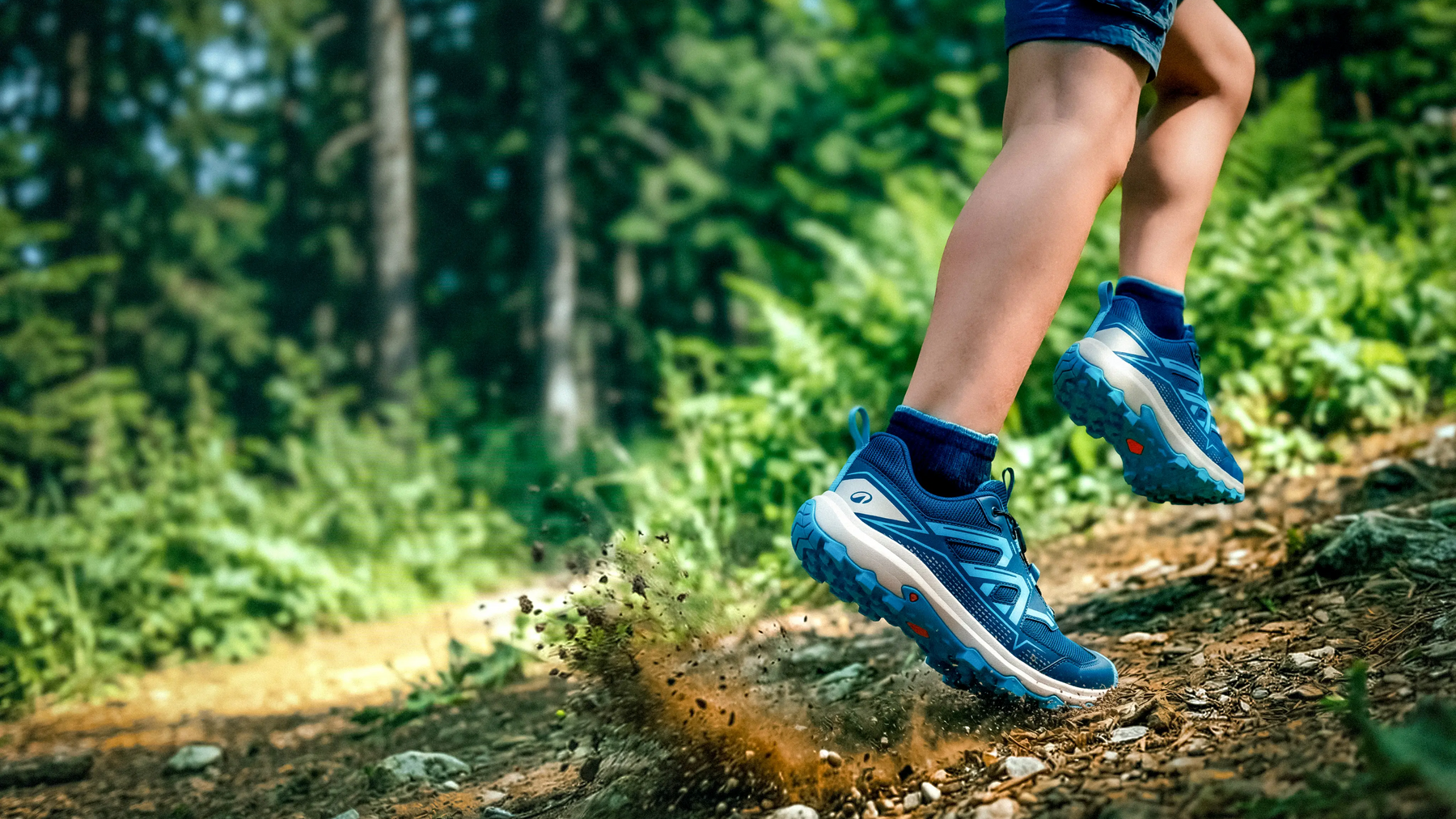 Ein Kind läuft in Wanderschuhen durch den Wald
