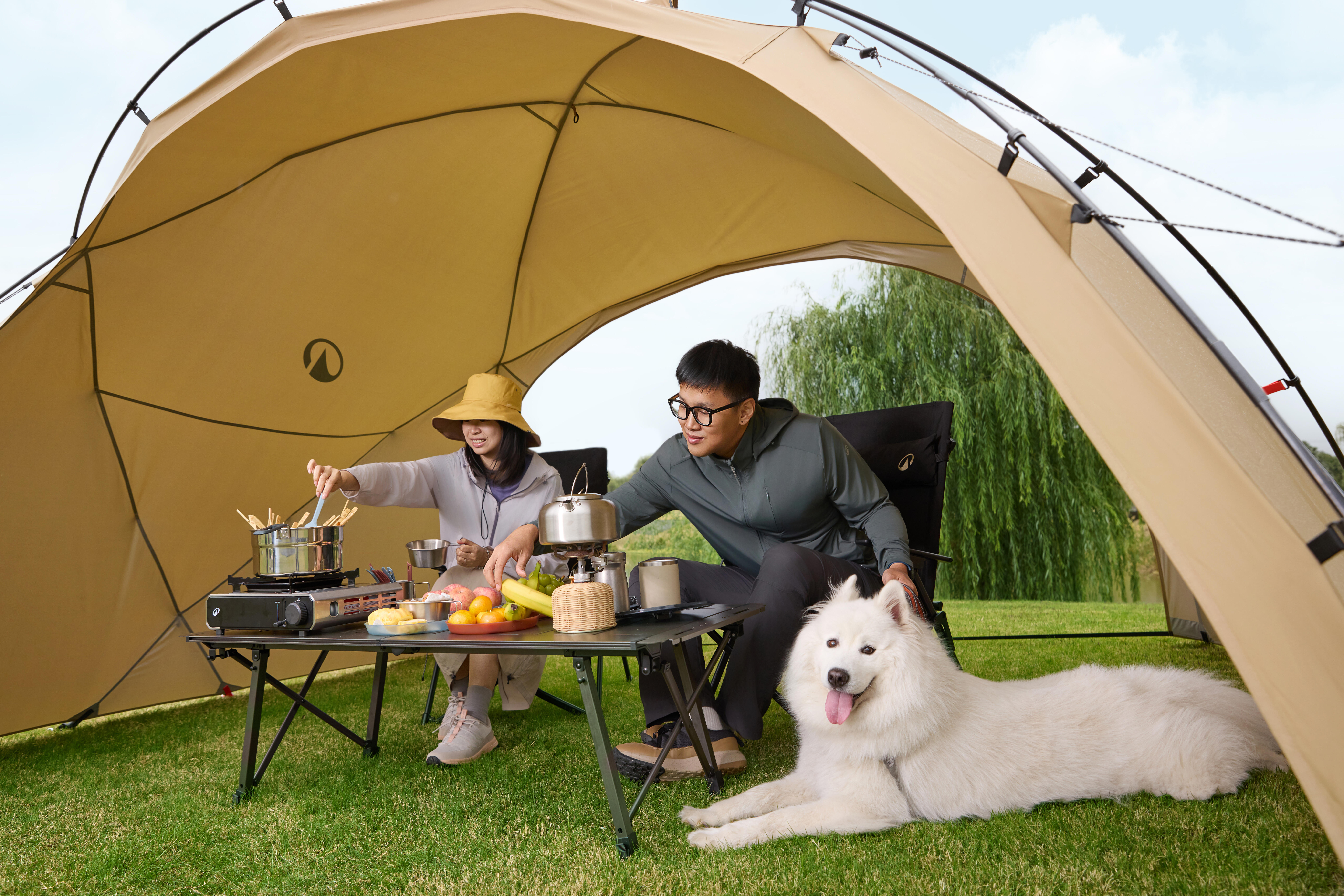 キャンプ アーチ型ドームテント 4～6 人用 EASY DOME ブラウン376 x
