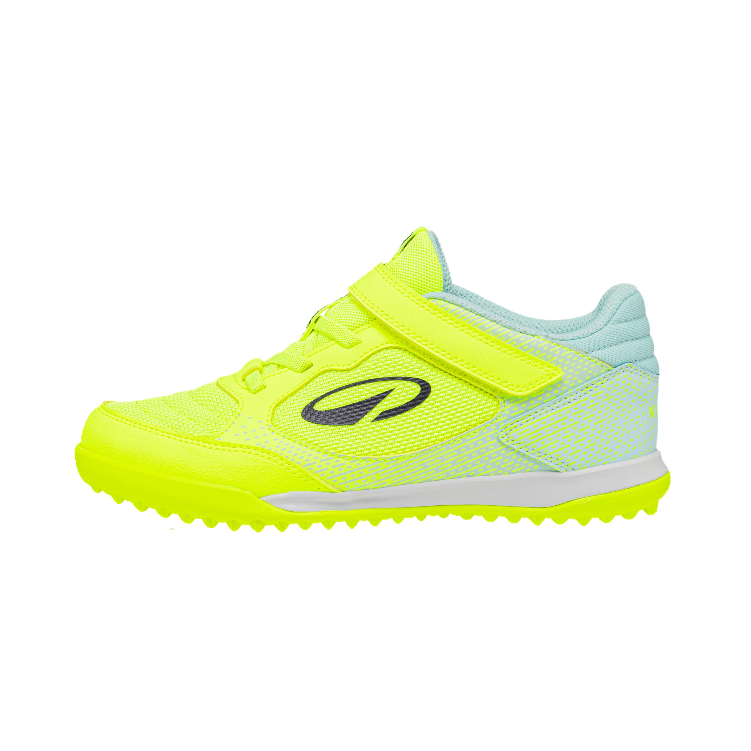 Kids’ laceless football boots, Eskudo Club Turf Easy neon yellow