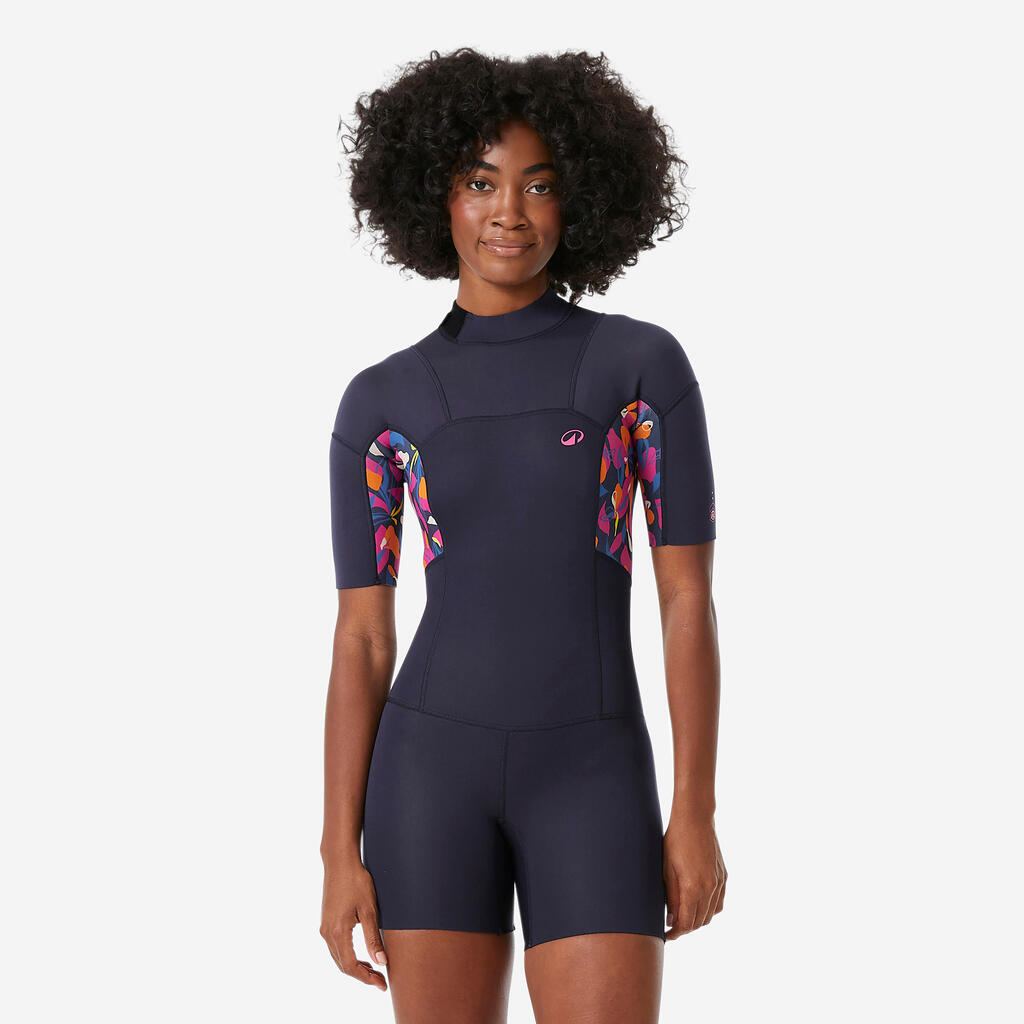 Shorty surf back zip manches courtes néoprène 1,5mm femme, 500 Pétales