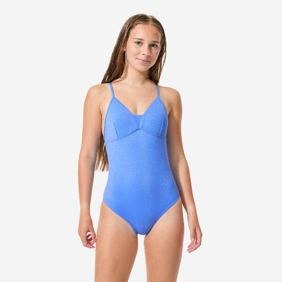 Maillot de bain surf 1 pièce bretelles croisées fille, Caly zuma bleu