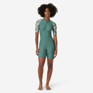 One-piece shorty swimsuit with zip and fixed pads khaki with print