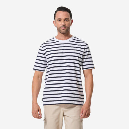 T-shirt marinière voile homme, 100 blanc rayé bleu