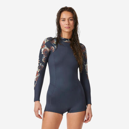 Shorty surf back zip manches longues springsuit 1,5mm femme, 500 Terra fleurs